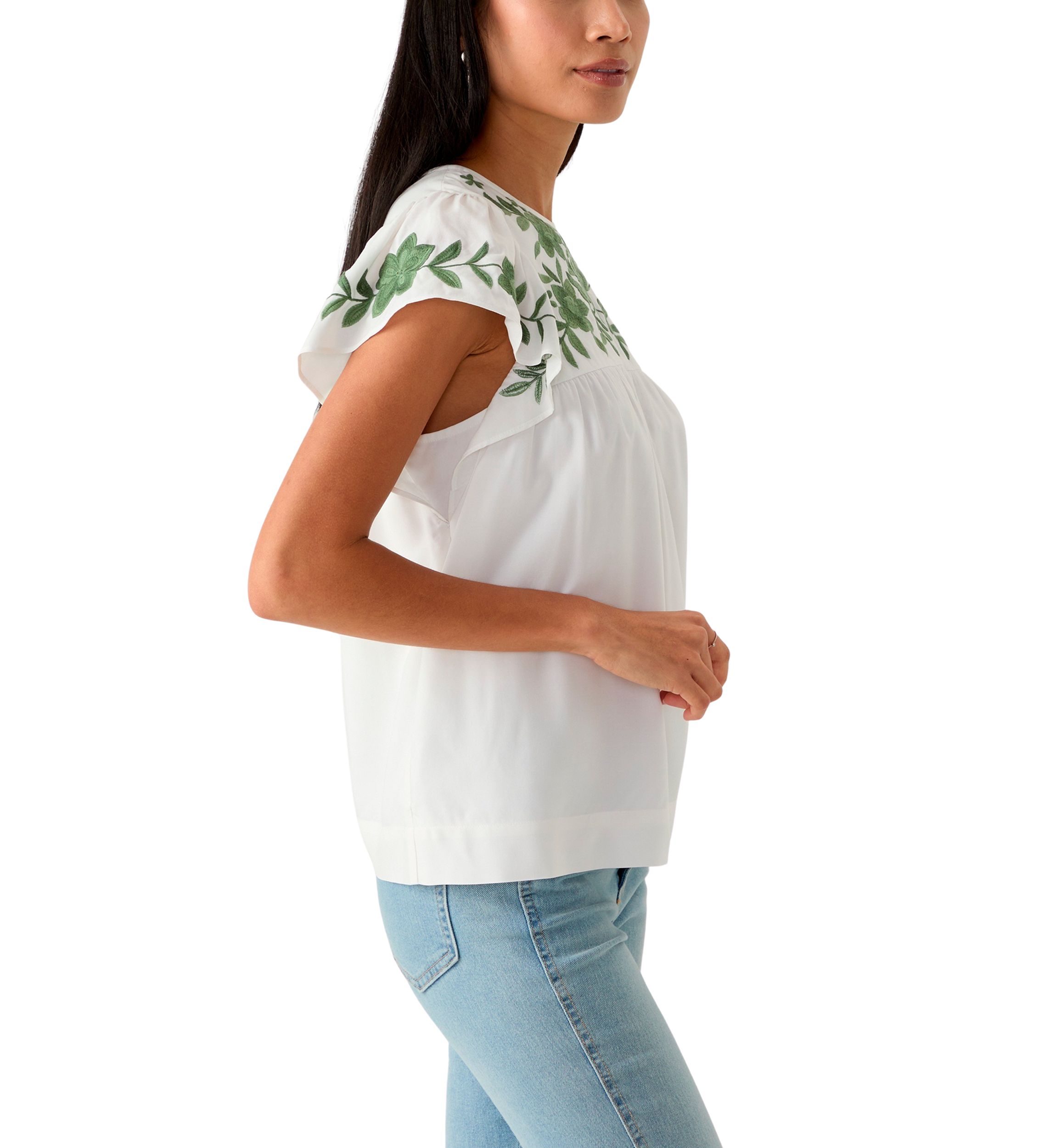 Petite Flutter Sleeve Embroidered Top