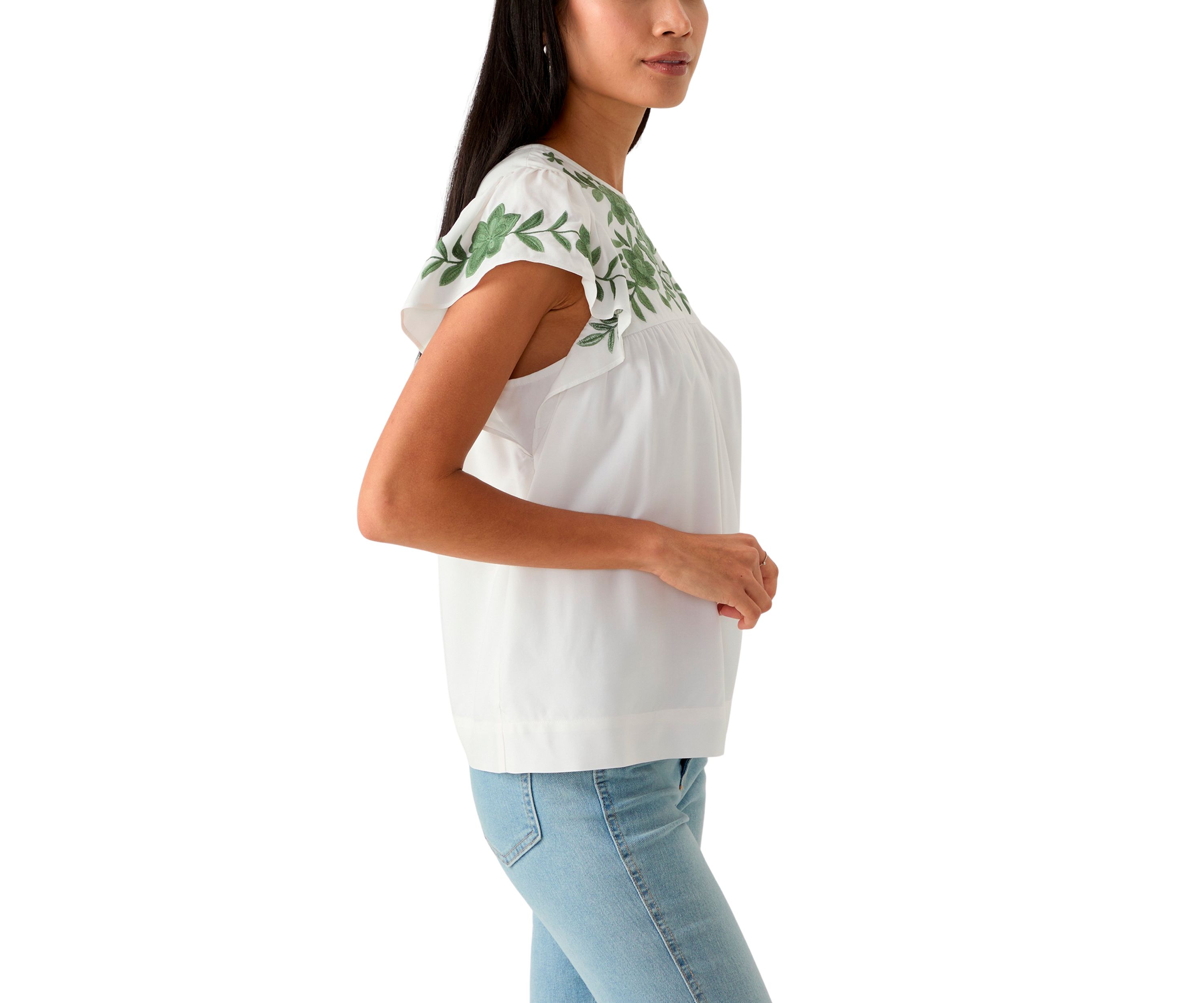 Petite Flutter Sleeve Embroidered Top