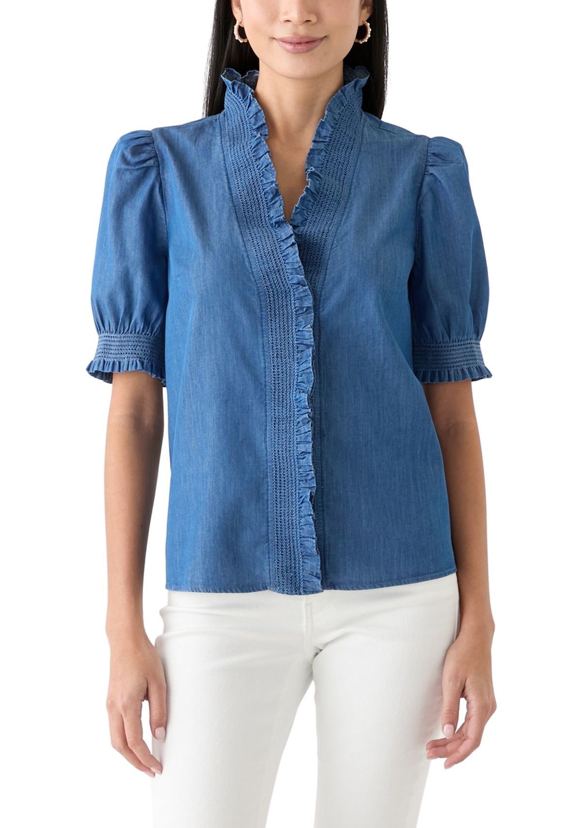 Petite Puff Sleeve Ruffle Neck Chambray Top 