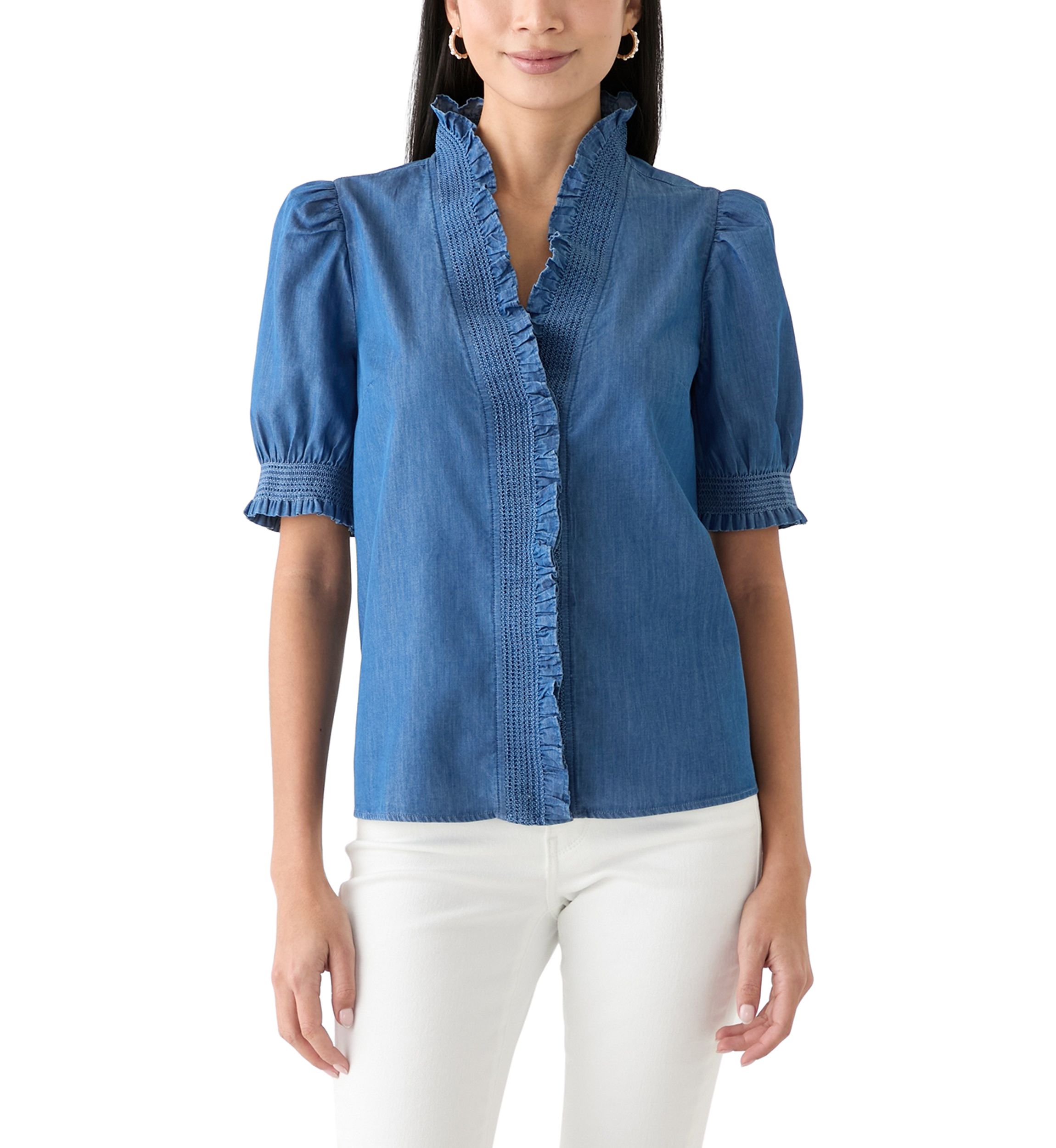 Petite Puff Sleeve Ruffle Neck Chambray Top 