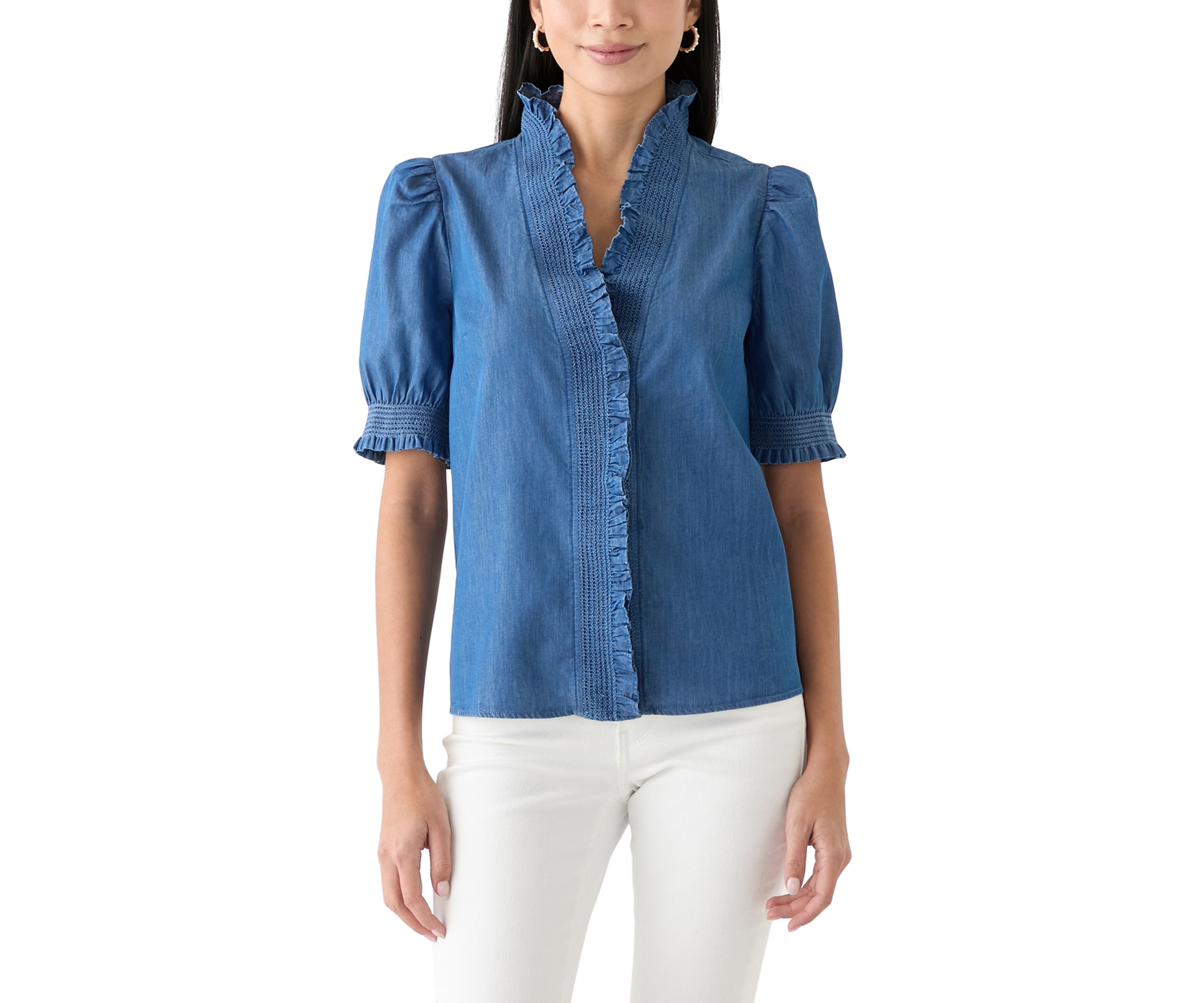 Petite Puff Sleeve Ruffle Neck Chambray Top 