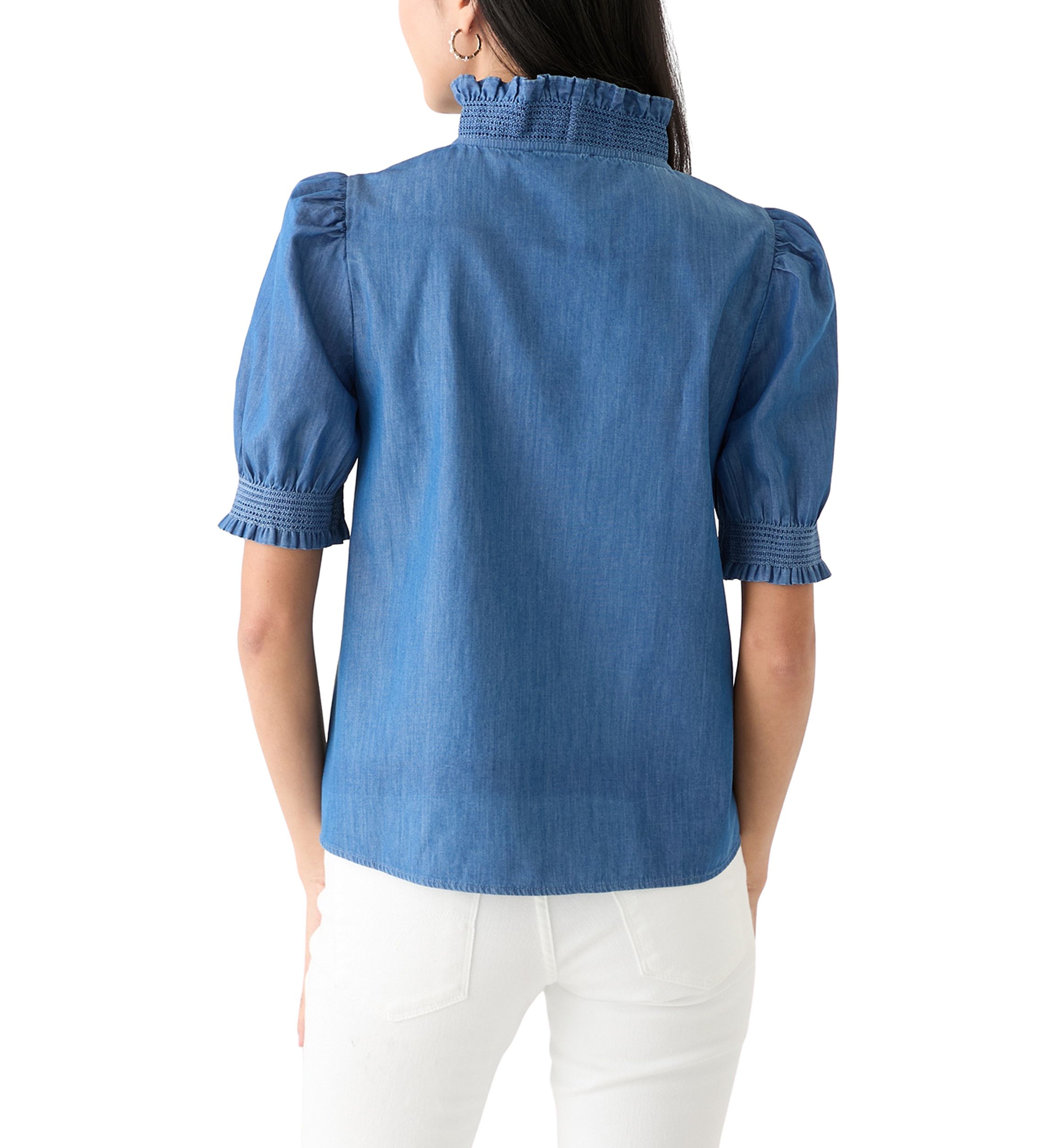 Petite Puff Sleeve Ruffle Neck Chambray Top 