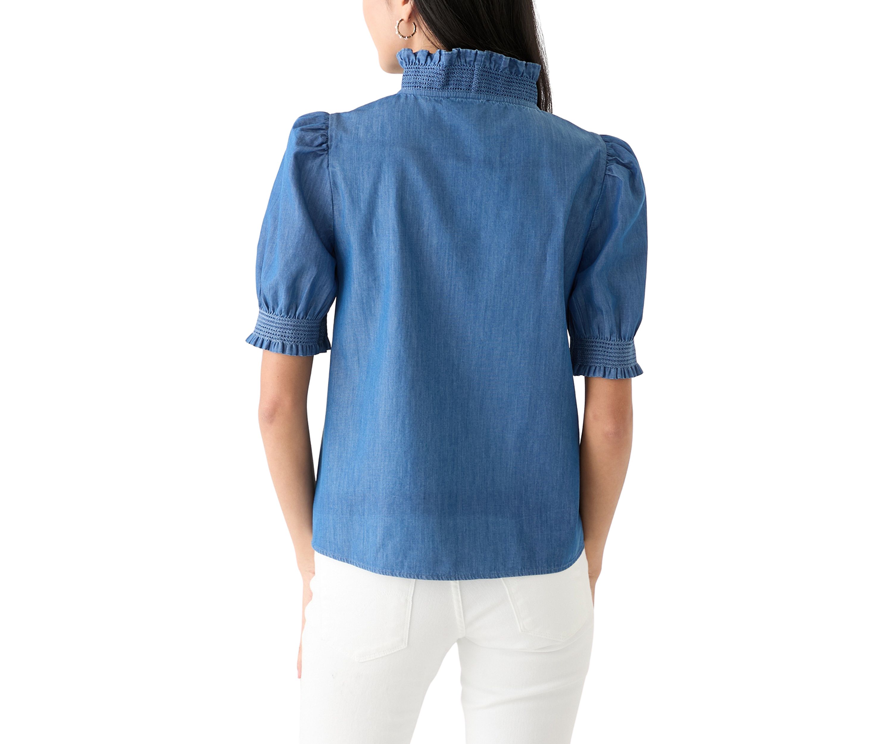 Petite Puff Sleeve Ruffle Neck Chambray Top 