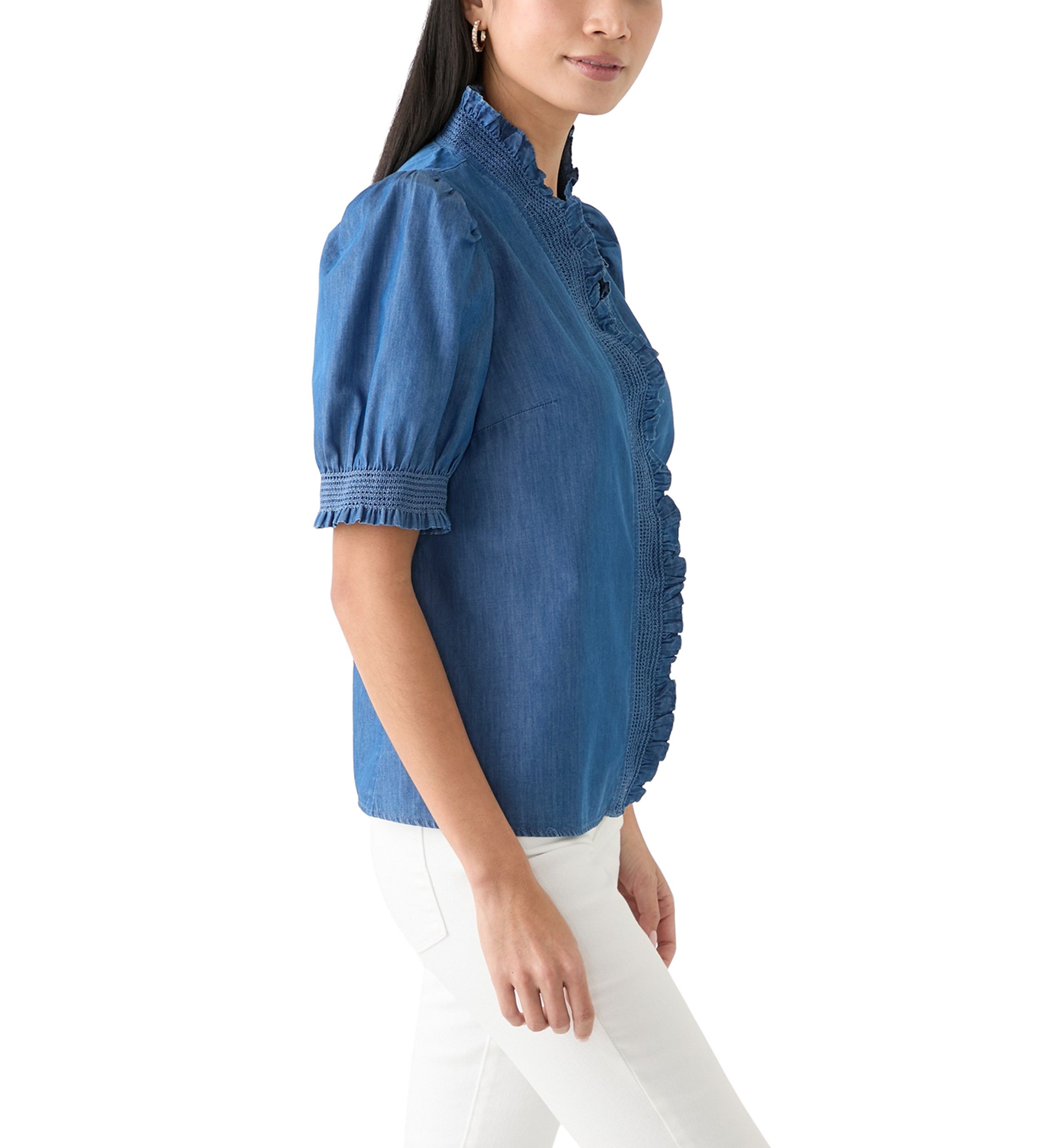 Petite Puff Sleeve Ruffle Neck Chambray Top 