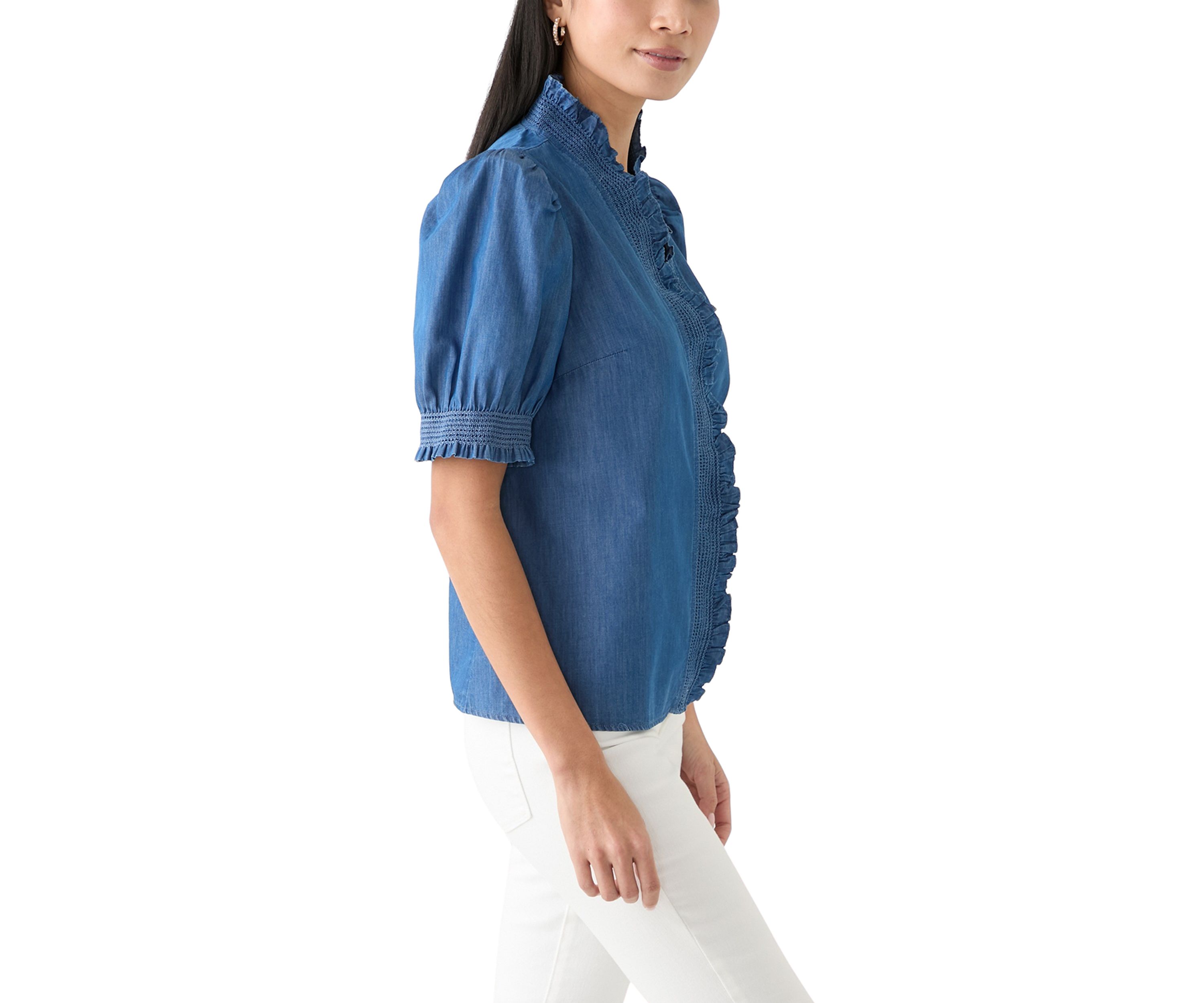 Petite Puff Sleeve Ruffle Neck Chambray Top 