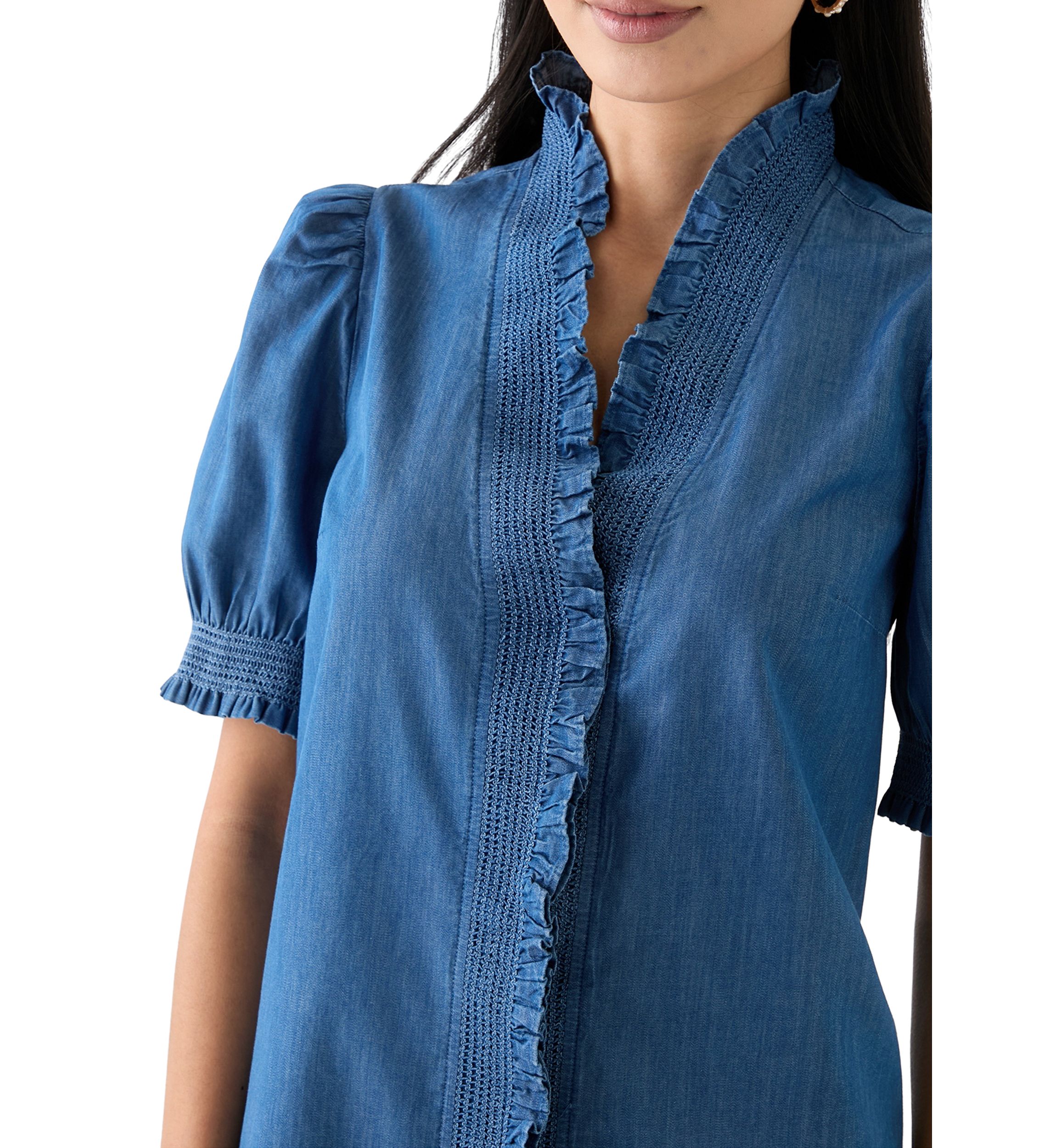 Petite Puff Sleeve Ruffle Neck Chambray Top 
