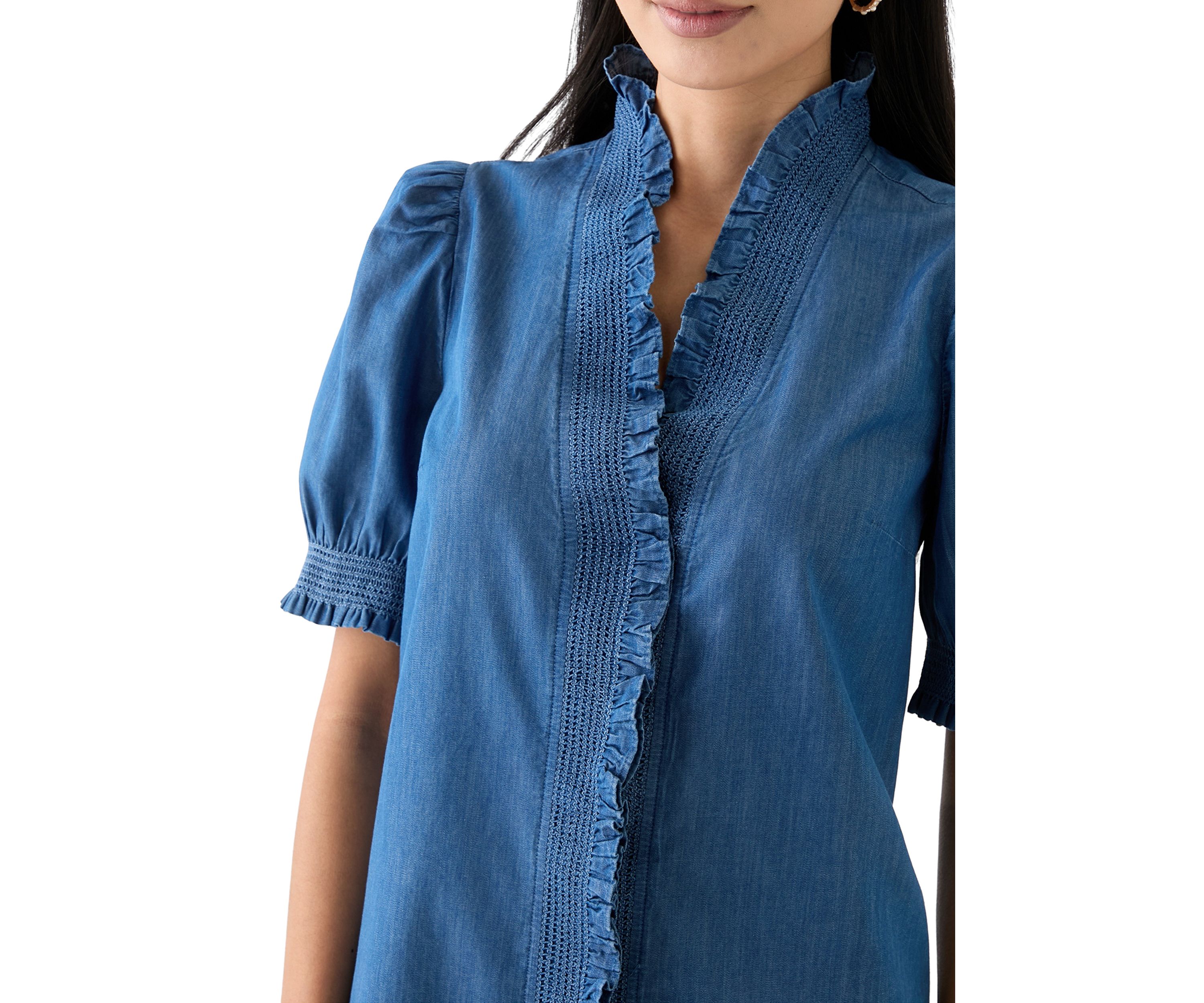 Petite Puff Sleeve Ruffle Neck Chambray Top 