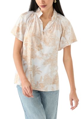 Crown & Ivy Women's Petite Flutter Sleeve Peasant Top, Tan, PS
