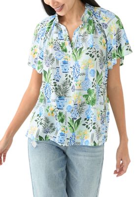 Crown & Ivy Women's Petite Flutter Sleeve Peasant Top, Blue, PS
