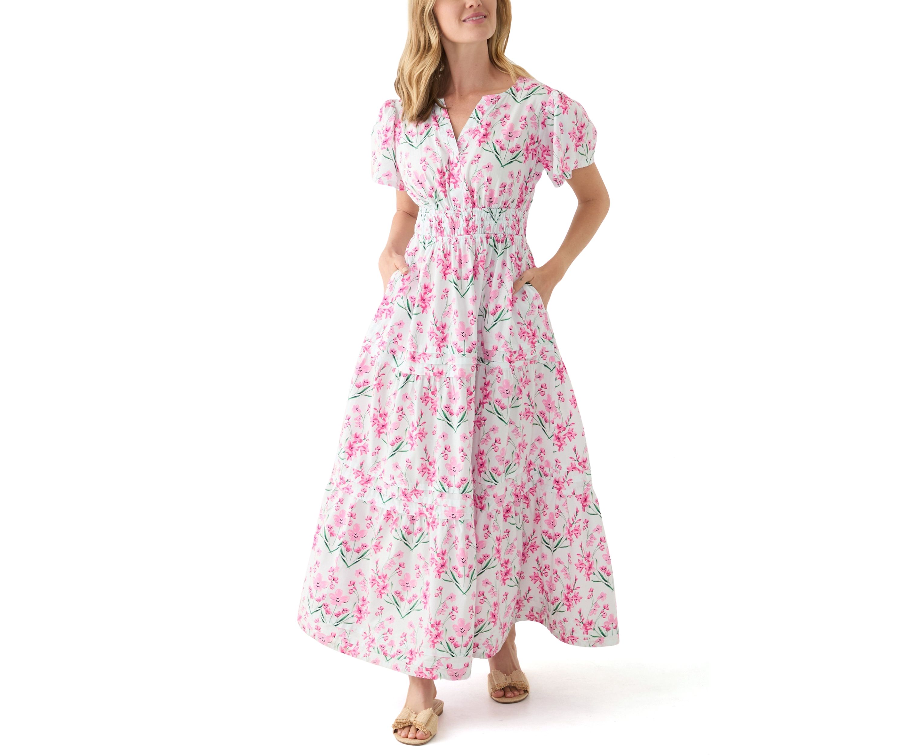 Petite Short Puff Sleeve Waisted Midi Dress
