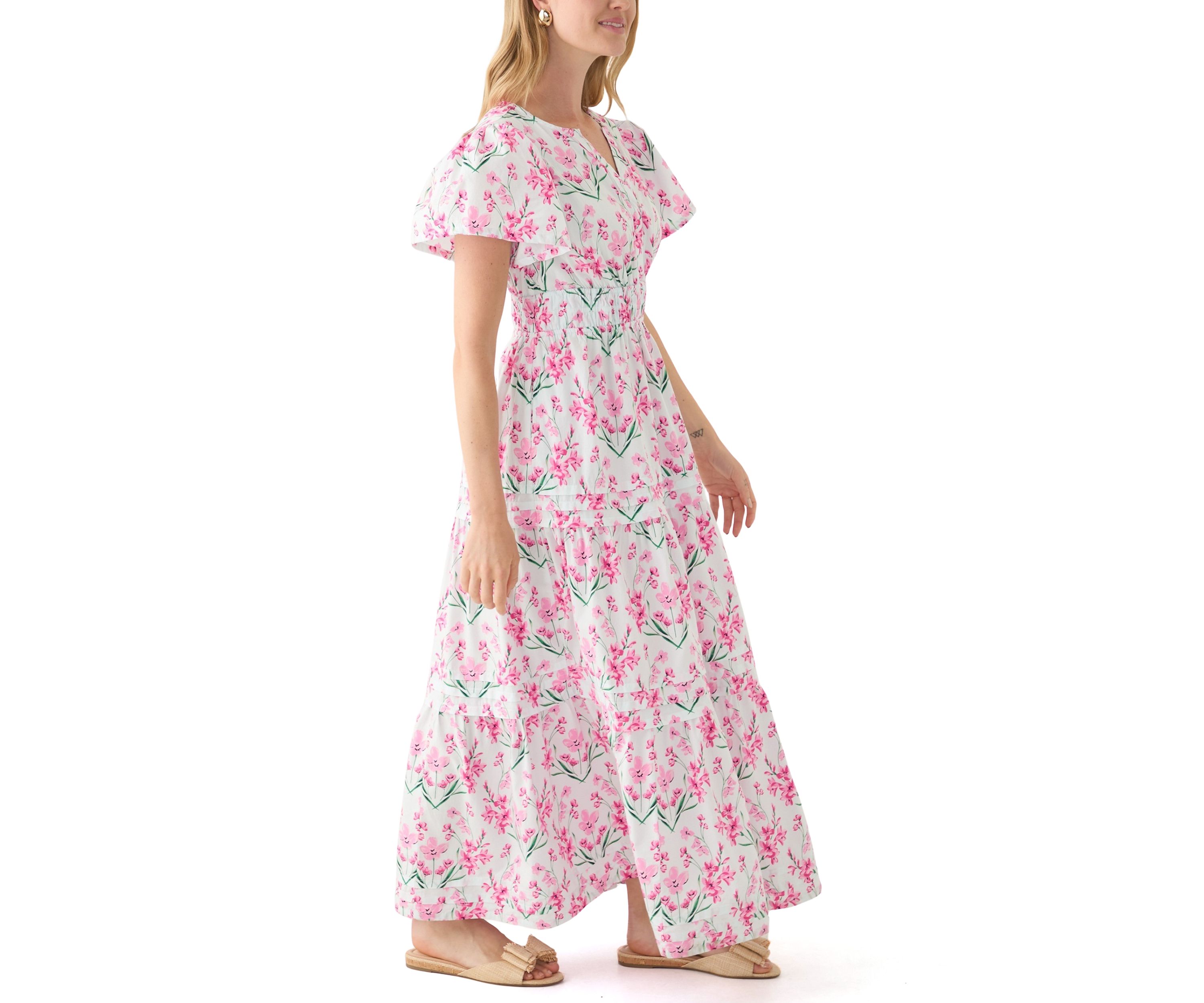 Petite Short Puff Sleeve Waisted Midi Dress