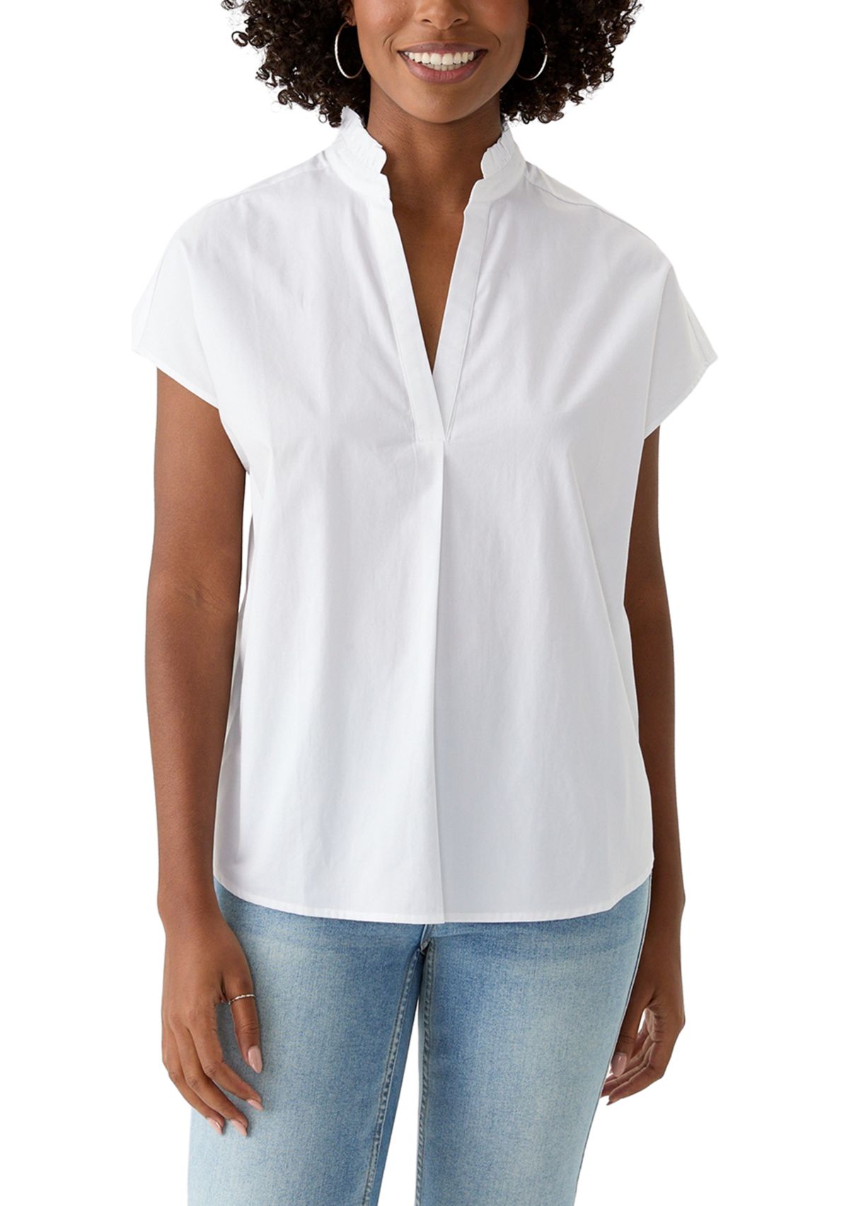 Petite Short Sleeve Dolman Ruffle Neck Top