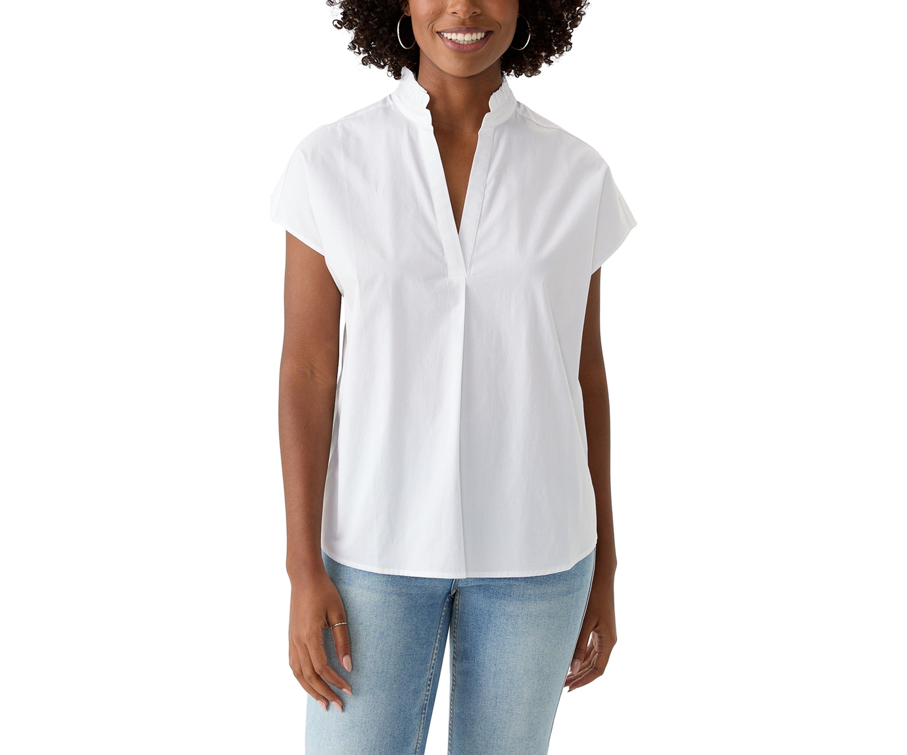 Petite Short Sleeve Dolman Ruffle Neck Top