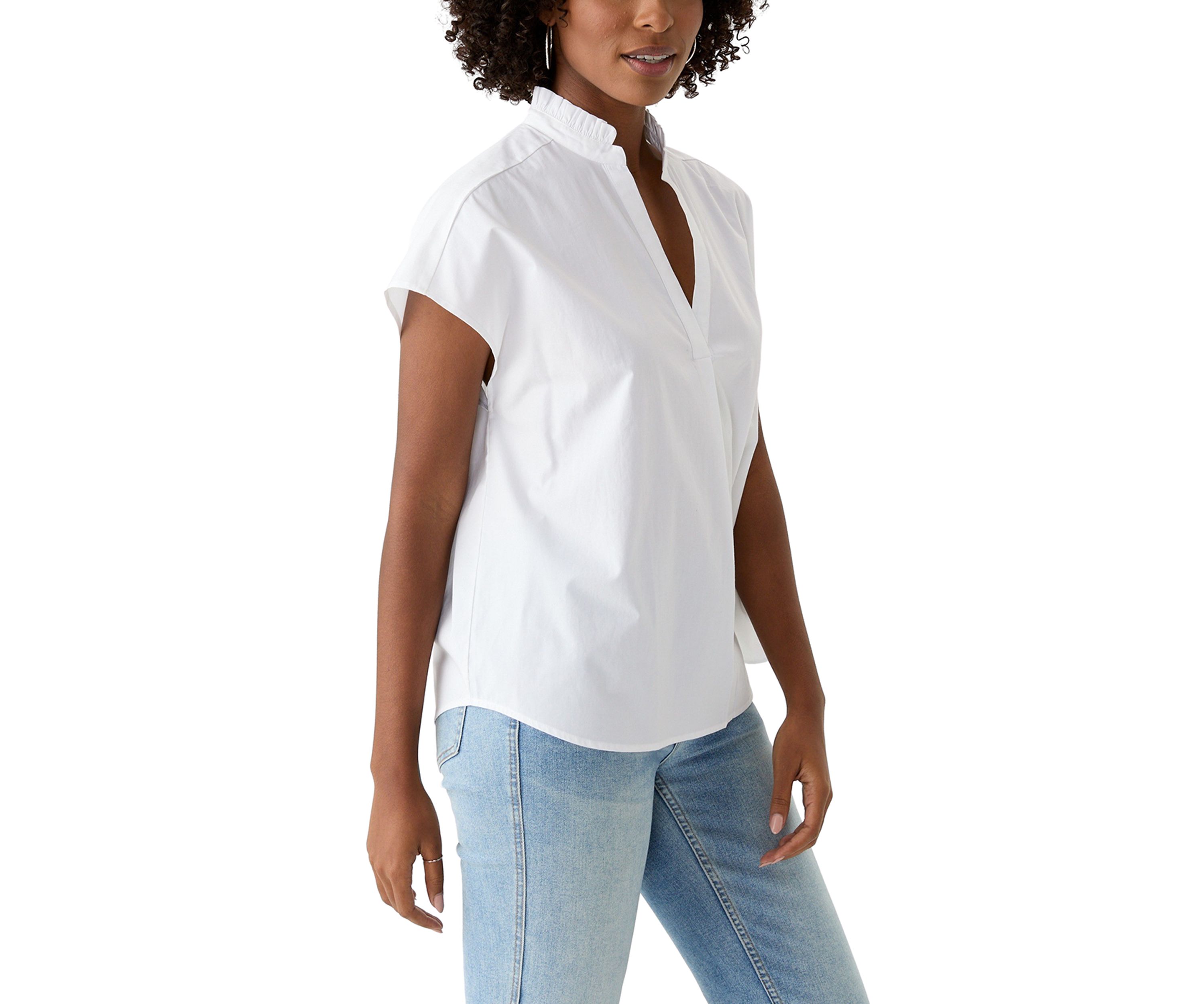 Petite Short Sleeve Dolman Ruffle Neck Top