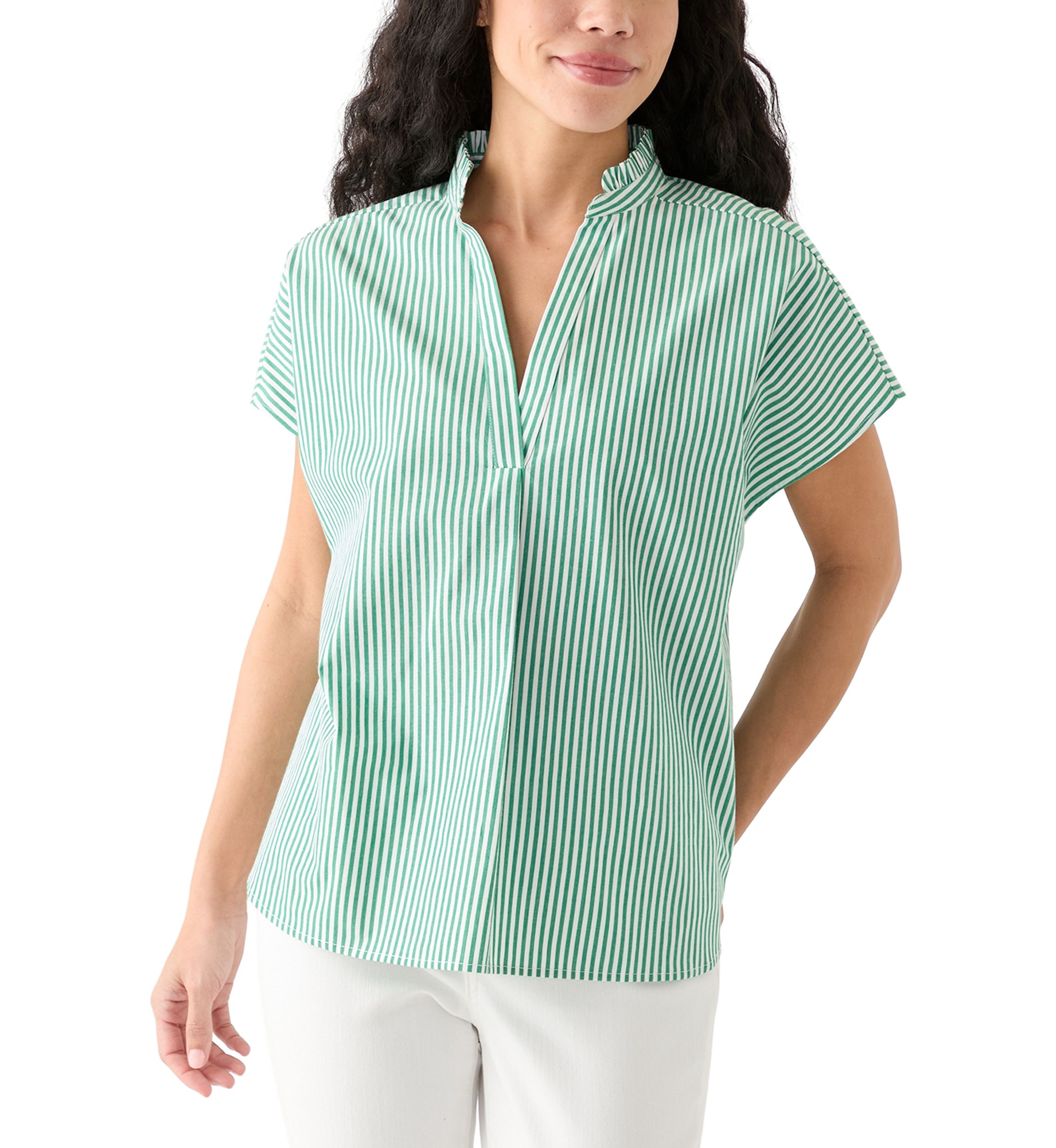 Petite Short Dolman Sleeve Ruffle Neck Top