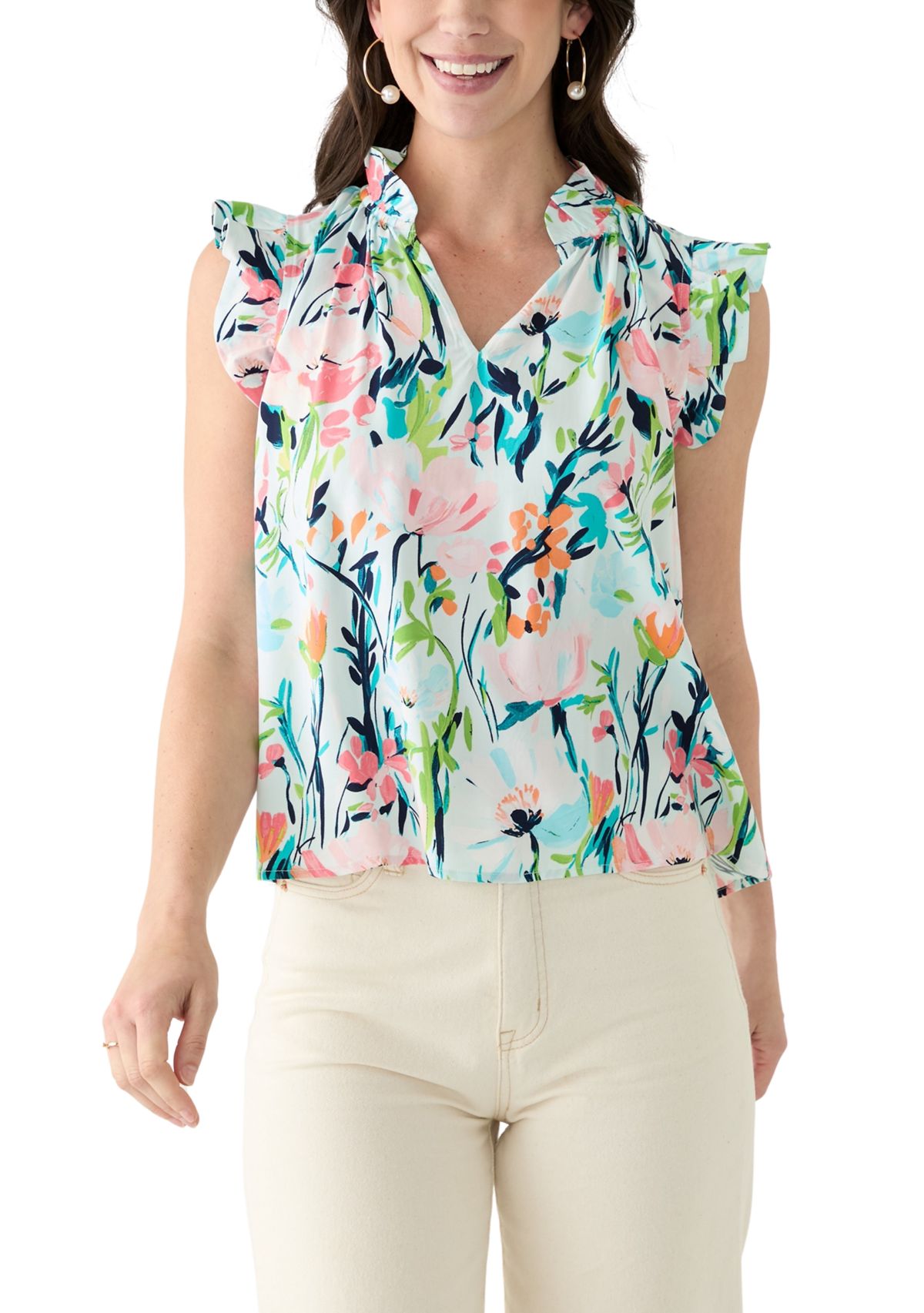 Petite Flutter Sleeve Split Neck Printed Top 