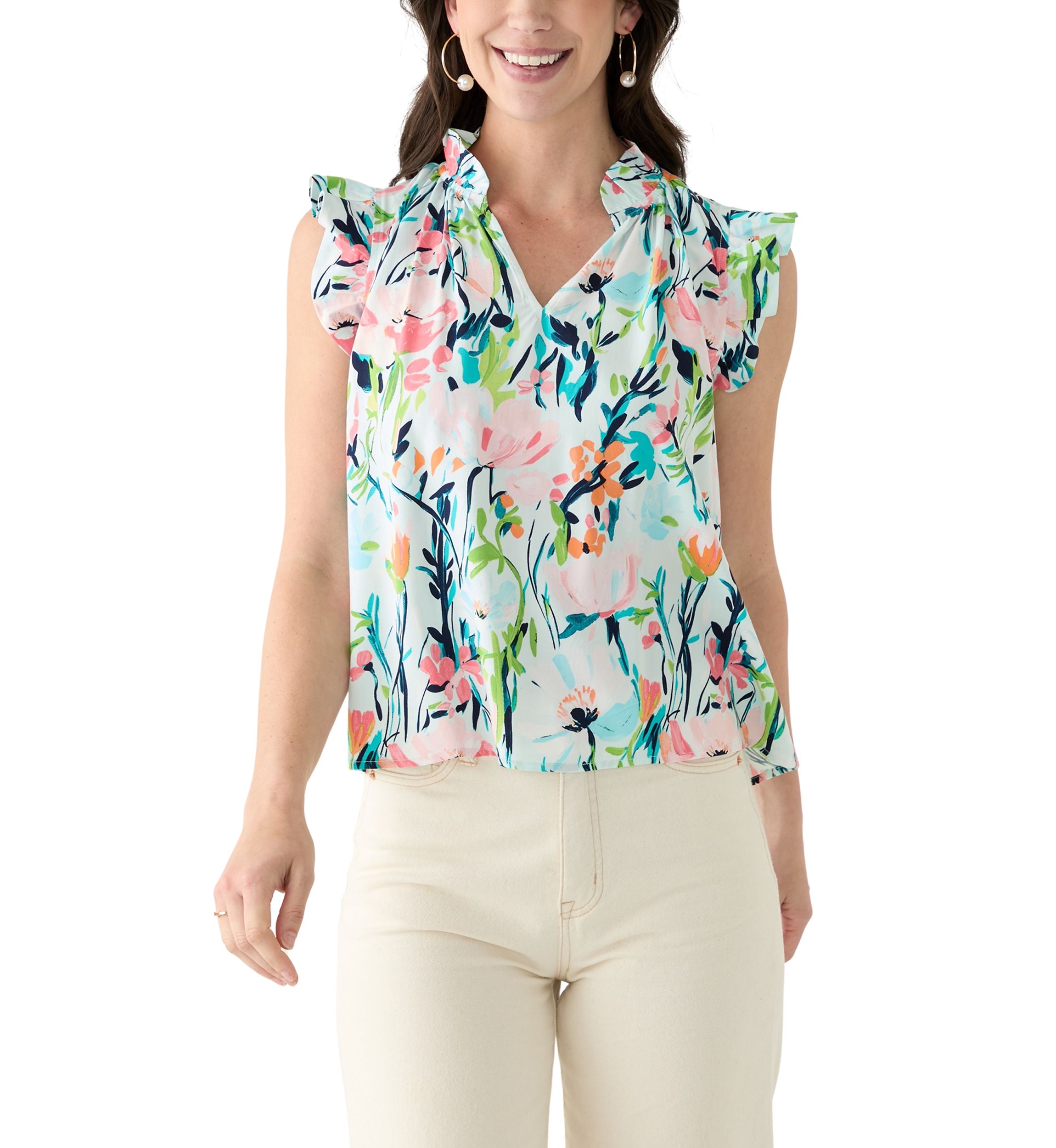 Petite Flutter Sleeve Split Neck Printed Top 