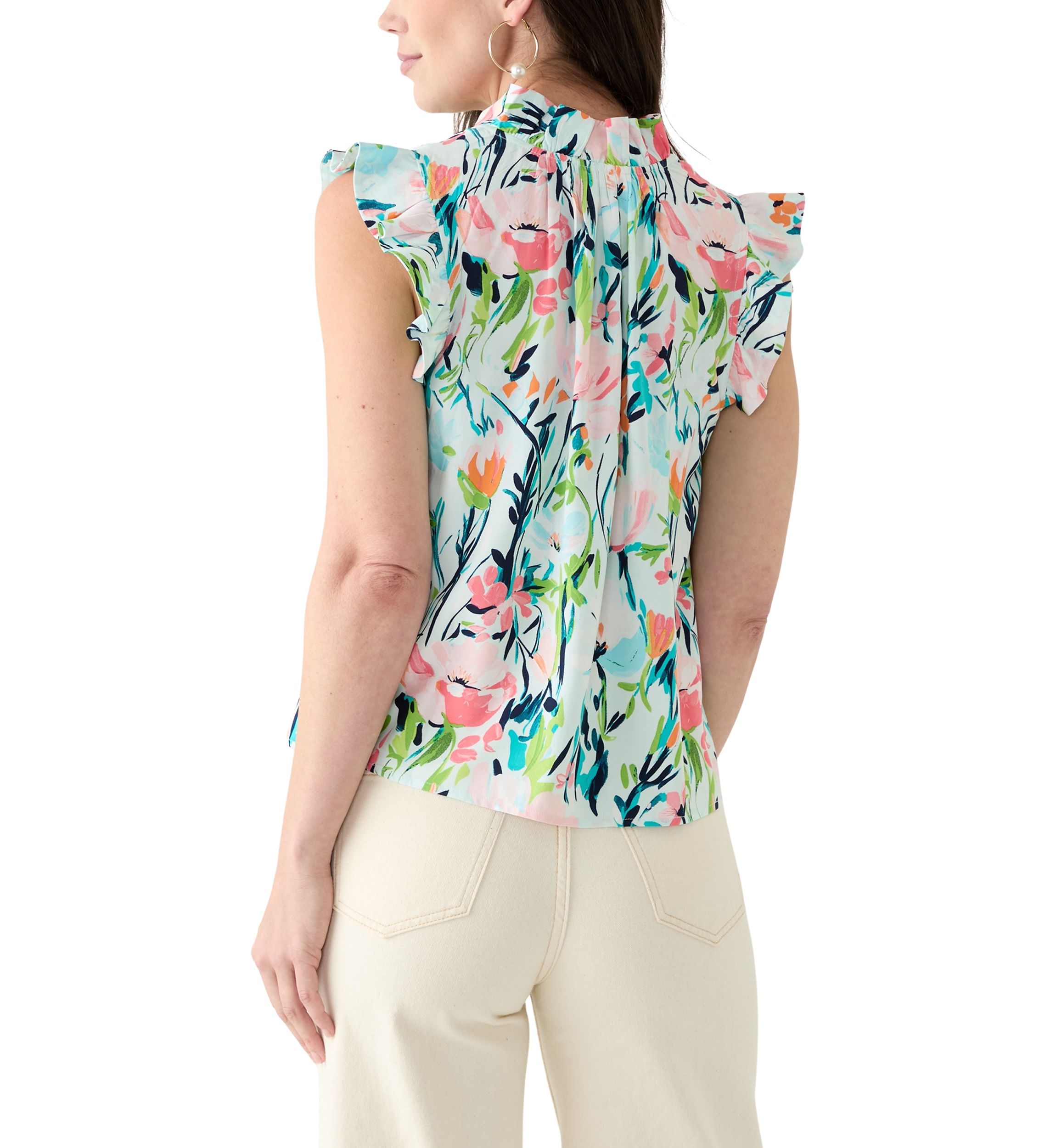 Petite Flutter Sleeve Split Neck Printed Top 