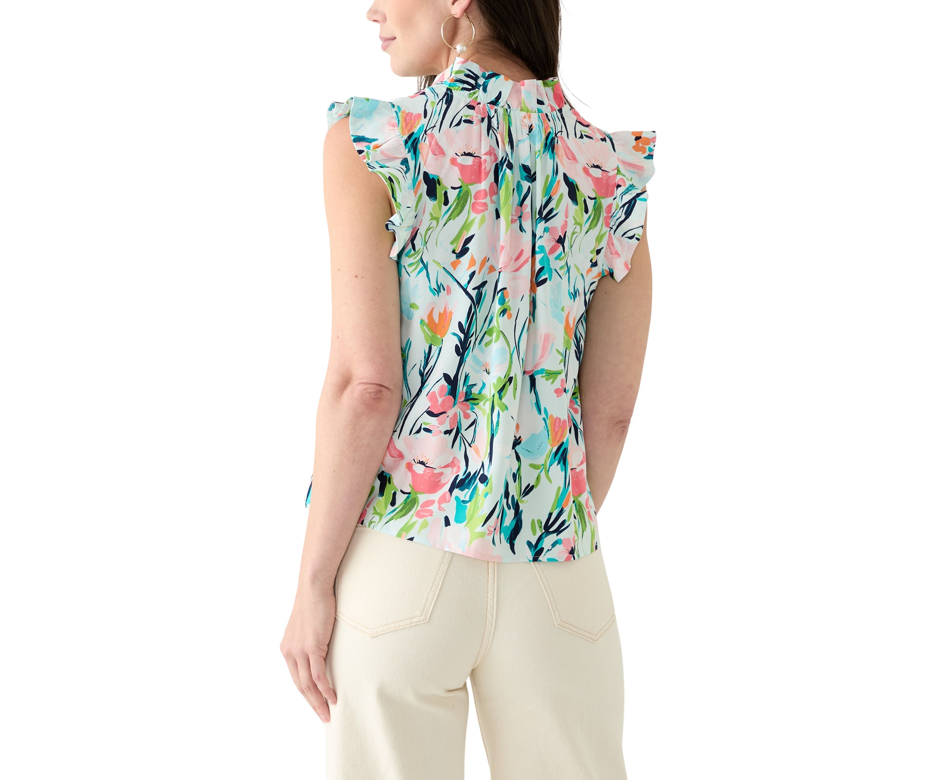 Petite Flutter Sleeve Split Neck Printed Top 