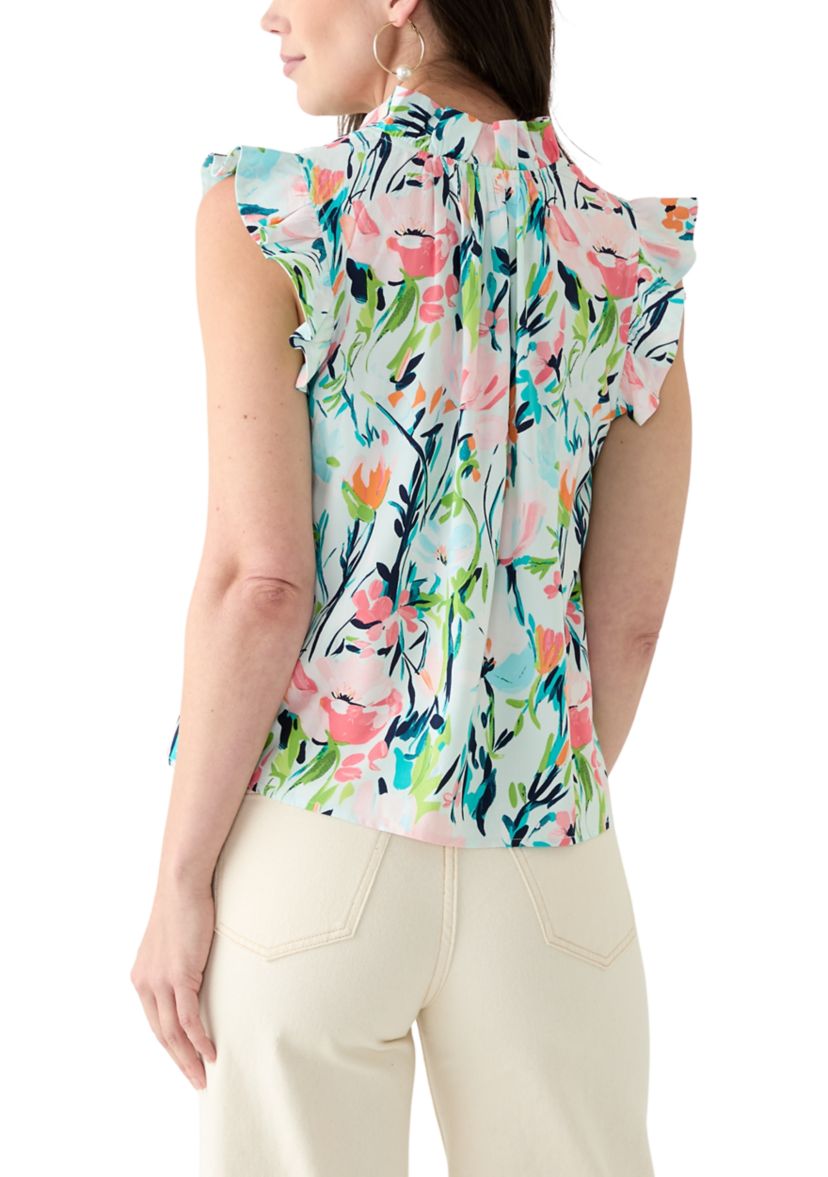 Petite Flutter Sleeve Split Neck Printed Top 