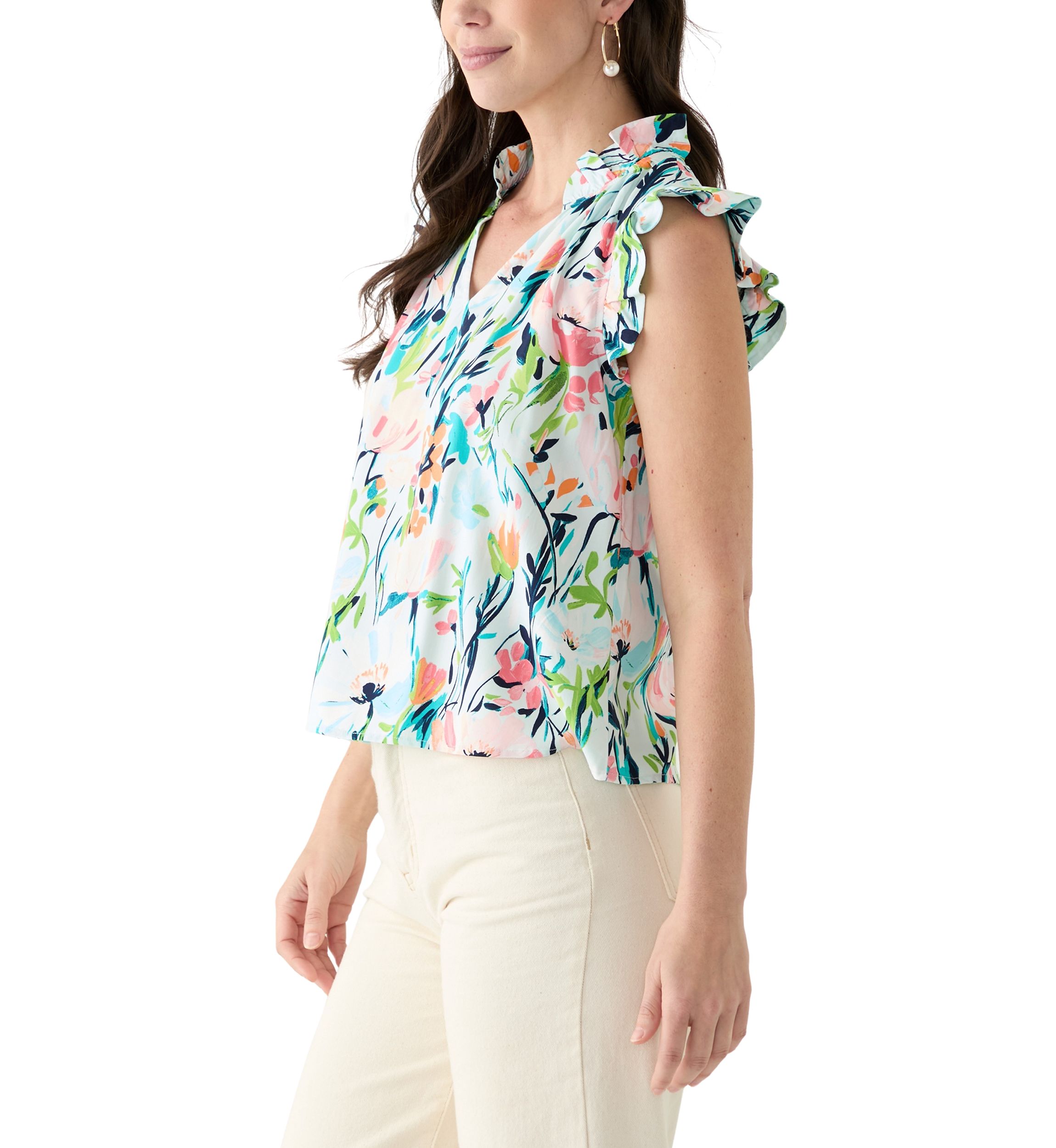 Petite Flutter Sleeve Split Neck Printed Top 