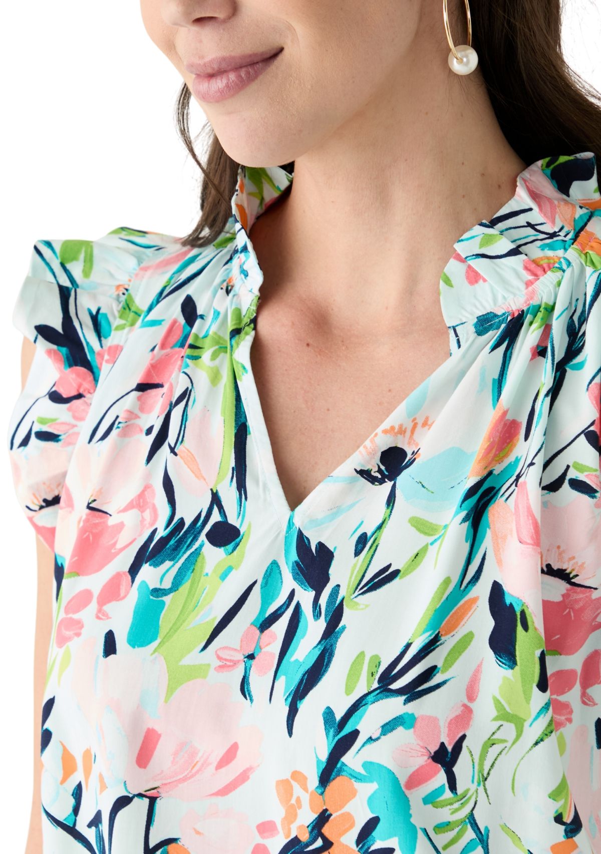 Petite Flutter Sleeve Split Neck Printed Top 