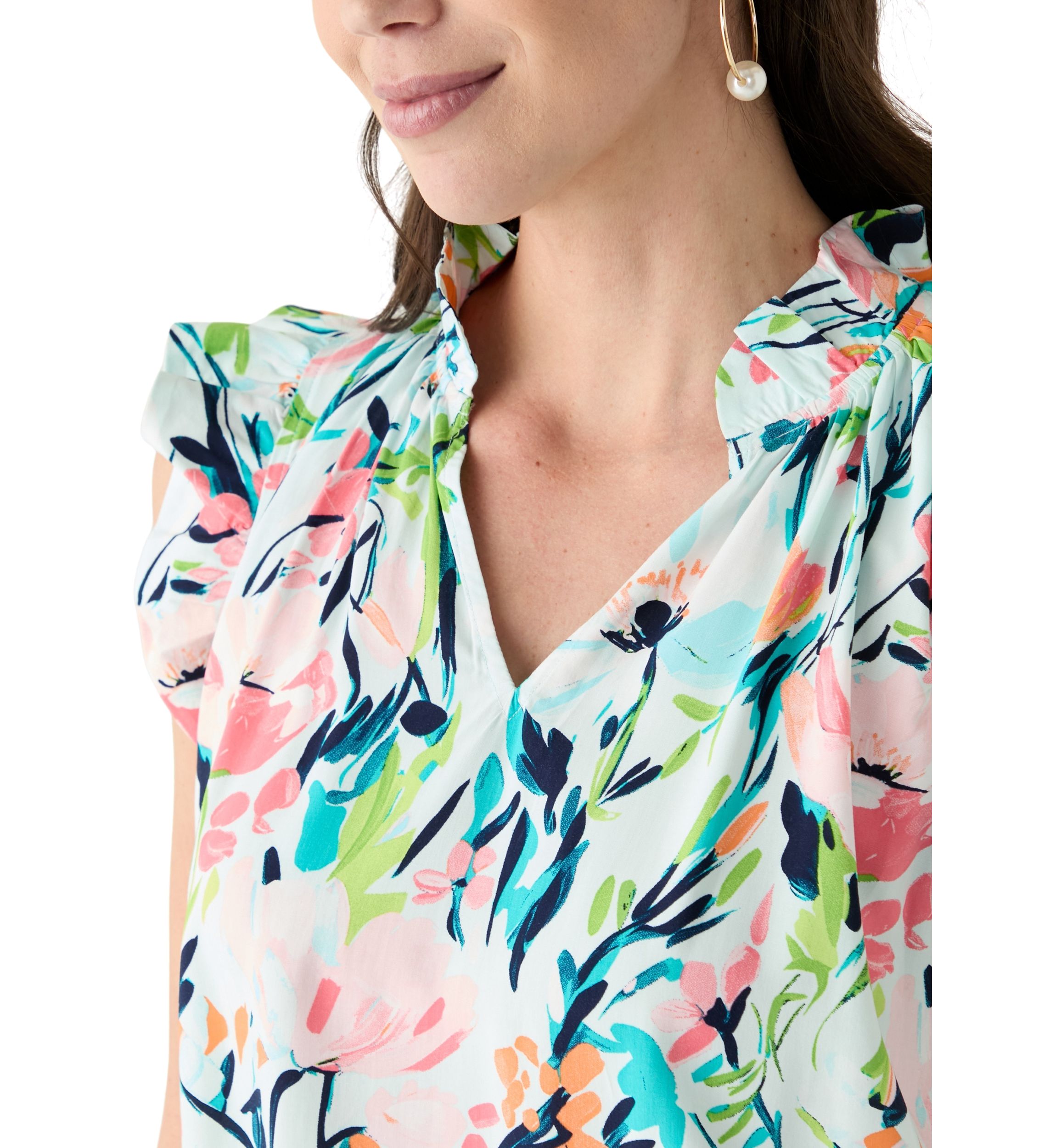 Petite Flutter Sleeve Split Neck Printed Top 