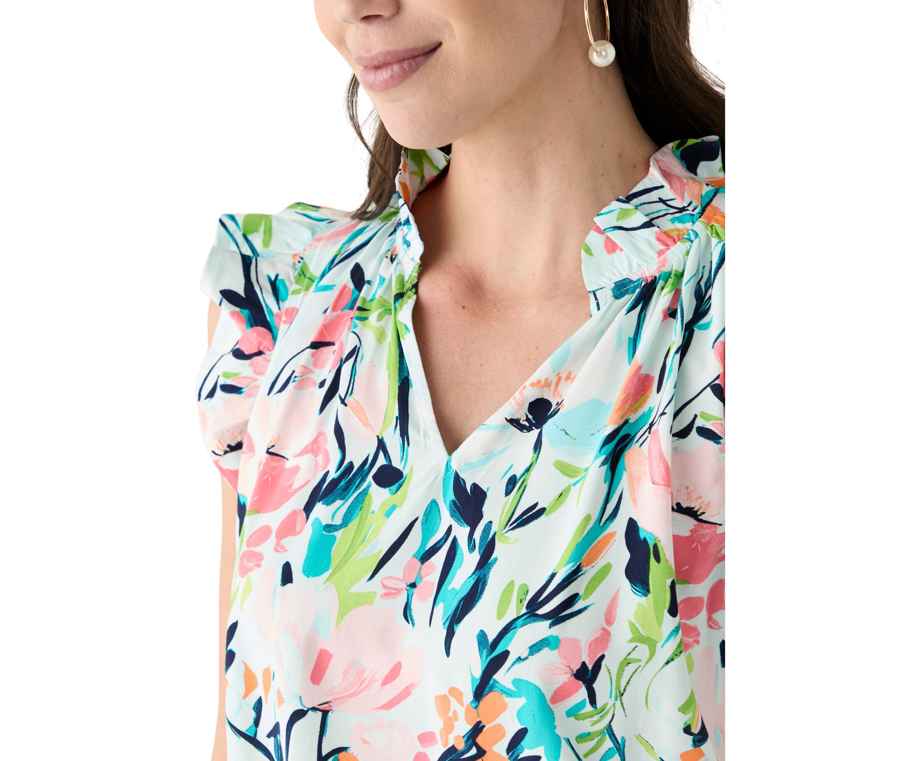 Petite Flutter Sleeve Split Neck Printed Top 