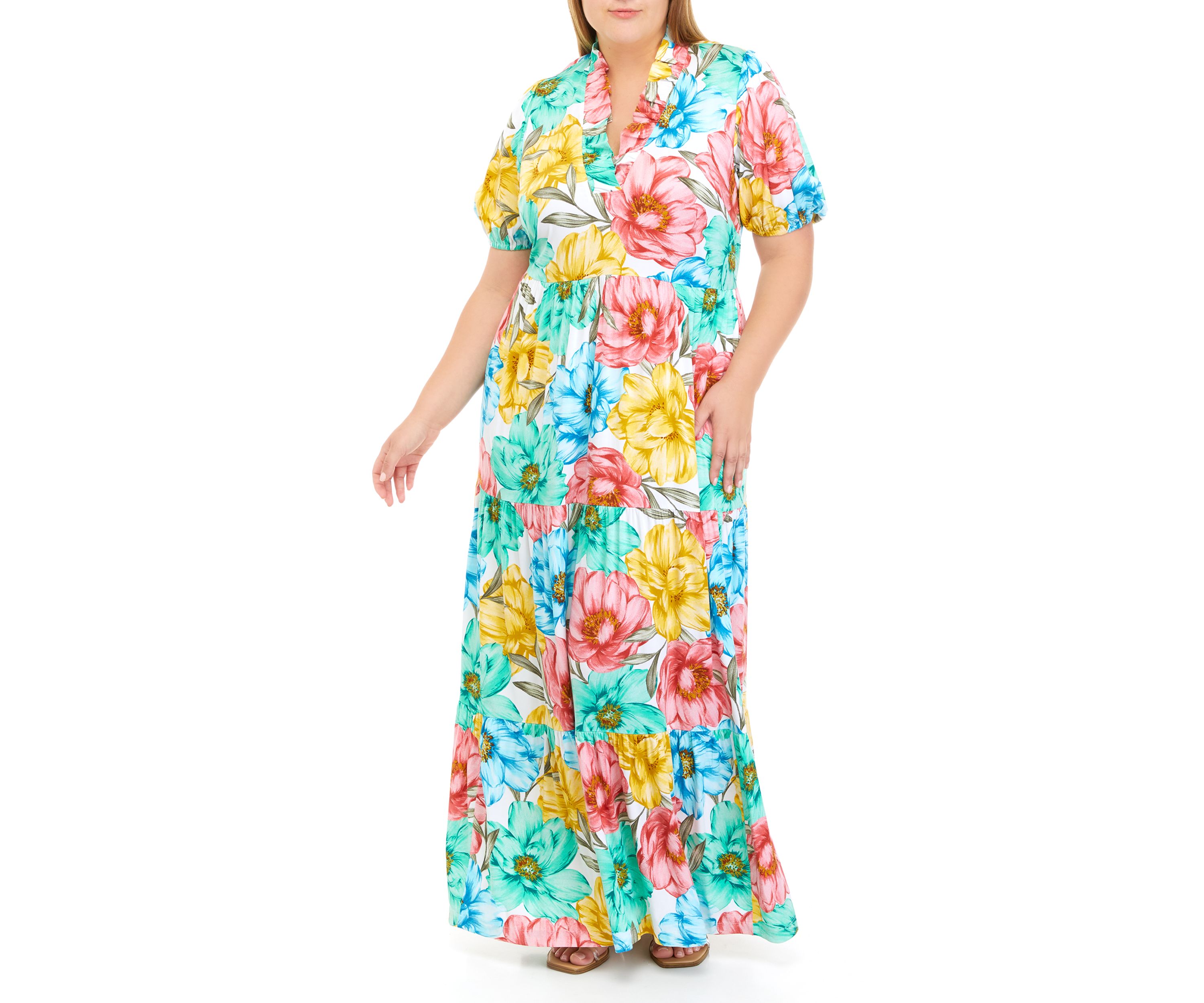 Plus Size Short Sleeve Ruffle Neck Maxi Dress 