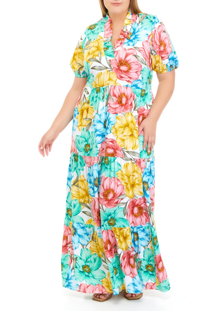 Plus Size Short Sleeve Ruffle Neck Maxi Dress 
