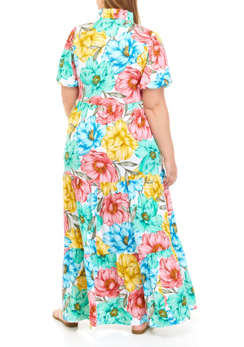 Plus Size Short Sleeve Ruffle Neck Maxi Dress 