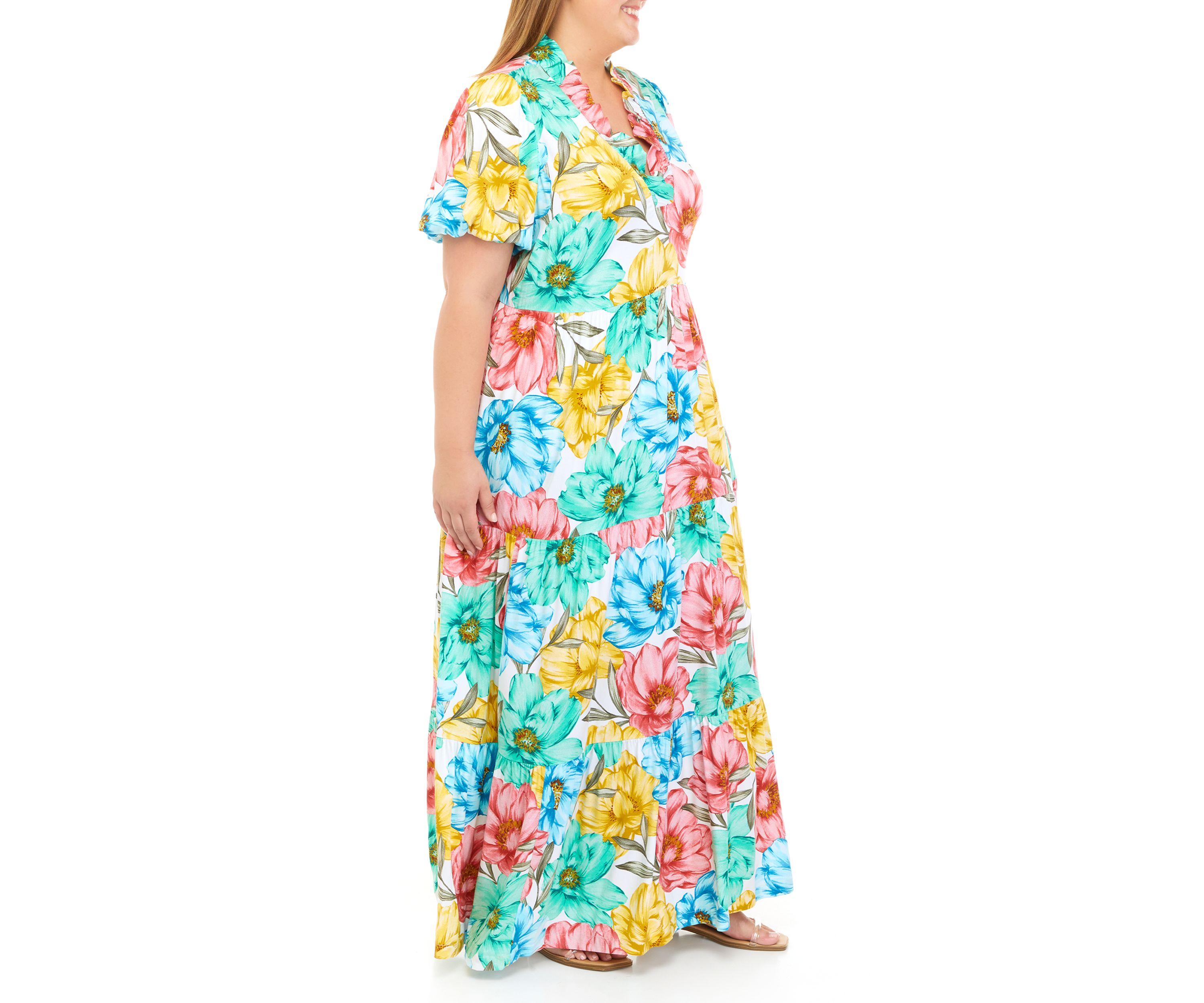 Plus Size Short Sleeve Ruffle Neck Maxi Dress 