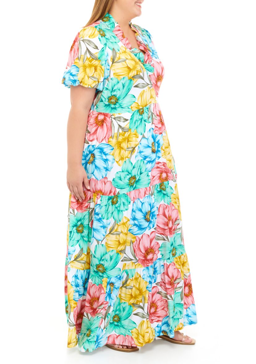 Plus Size Short Sleeve Ruffle Neck Maxi Dress 