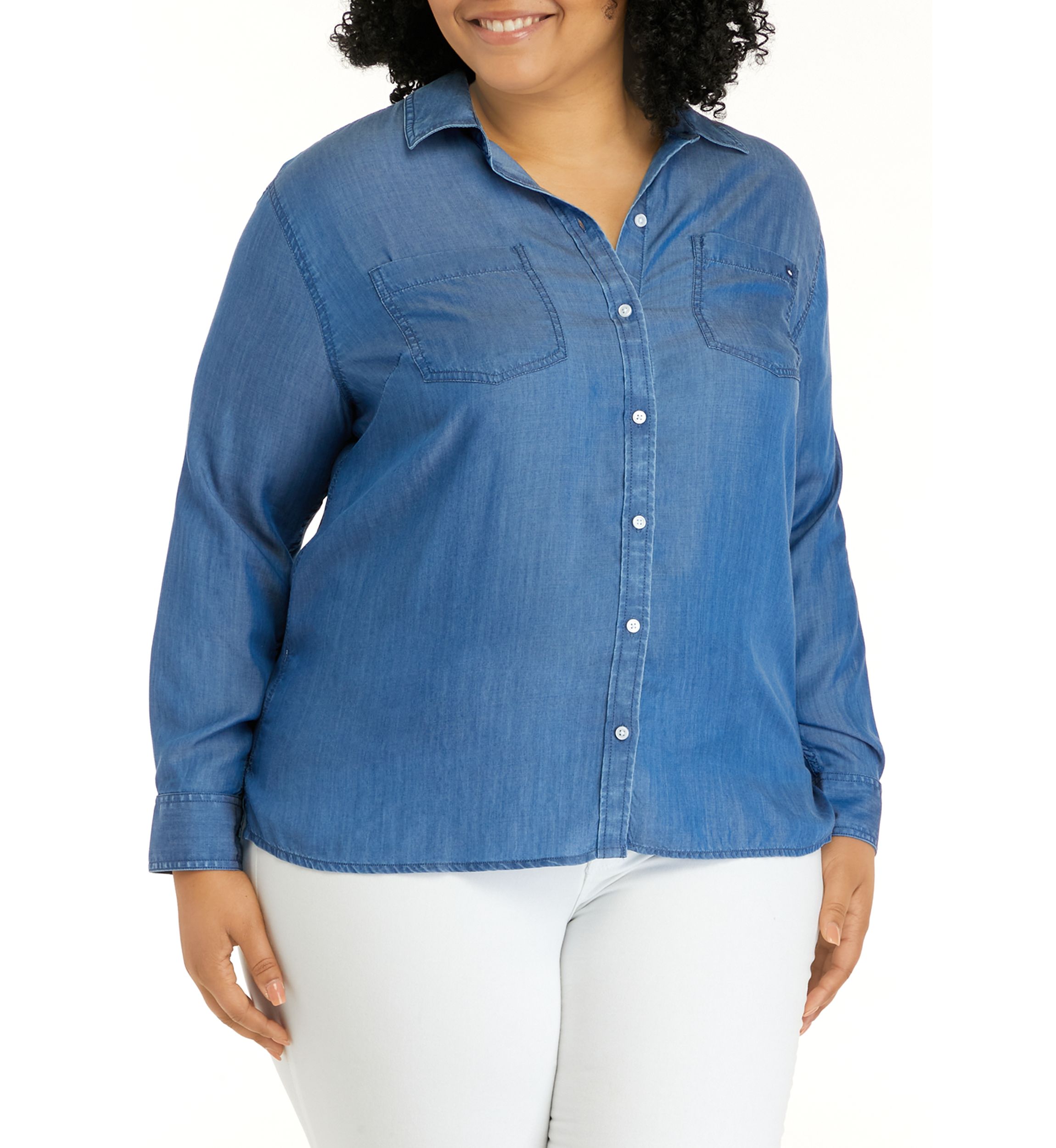 Plus Size Long Sleeve Chambray Boyfriend Top
