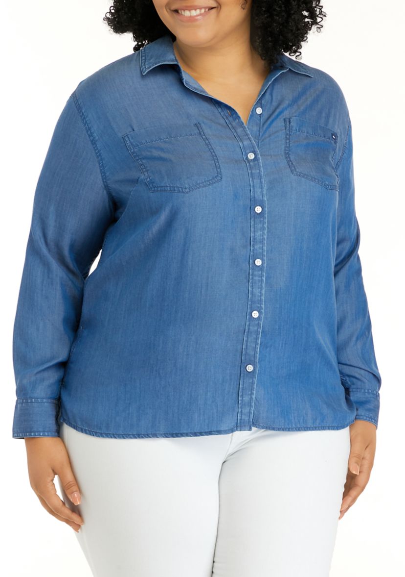 Plus Size Long Sleeve Chambray Boyfriend Top