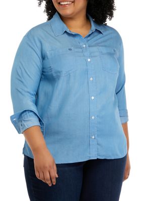 Crown & Ivy Women's Plus Size Long Sleeve Chambray Boyfriend Top, 4X