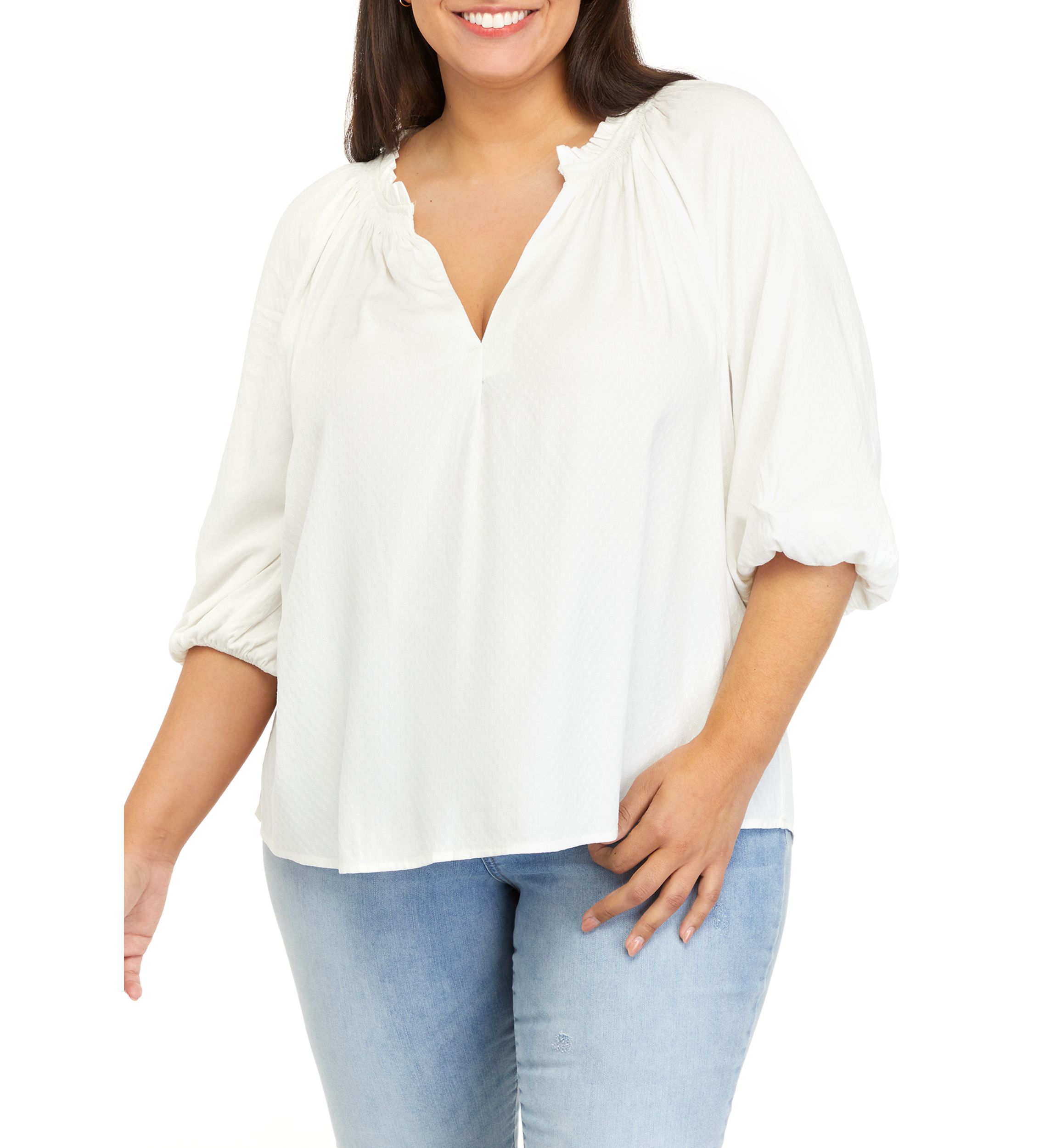 Plus Size 3/4 Sleeve Ruffe Neck Peasant Top 