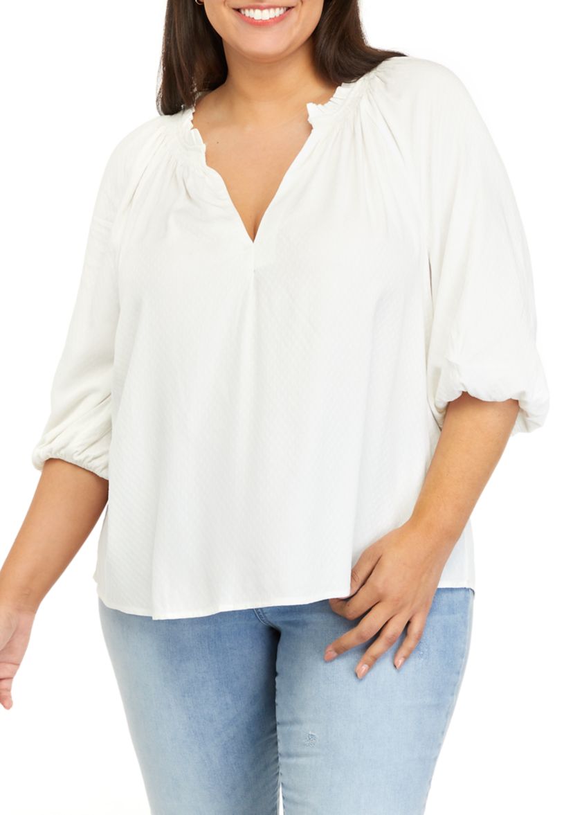 Plus Size 3/4 Sleeve Ruffe Neck Peasant Top 