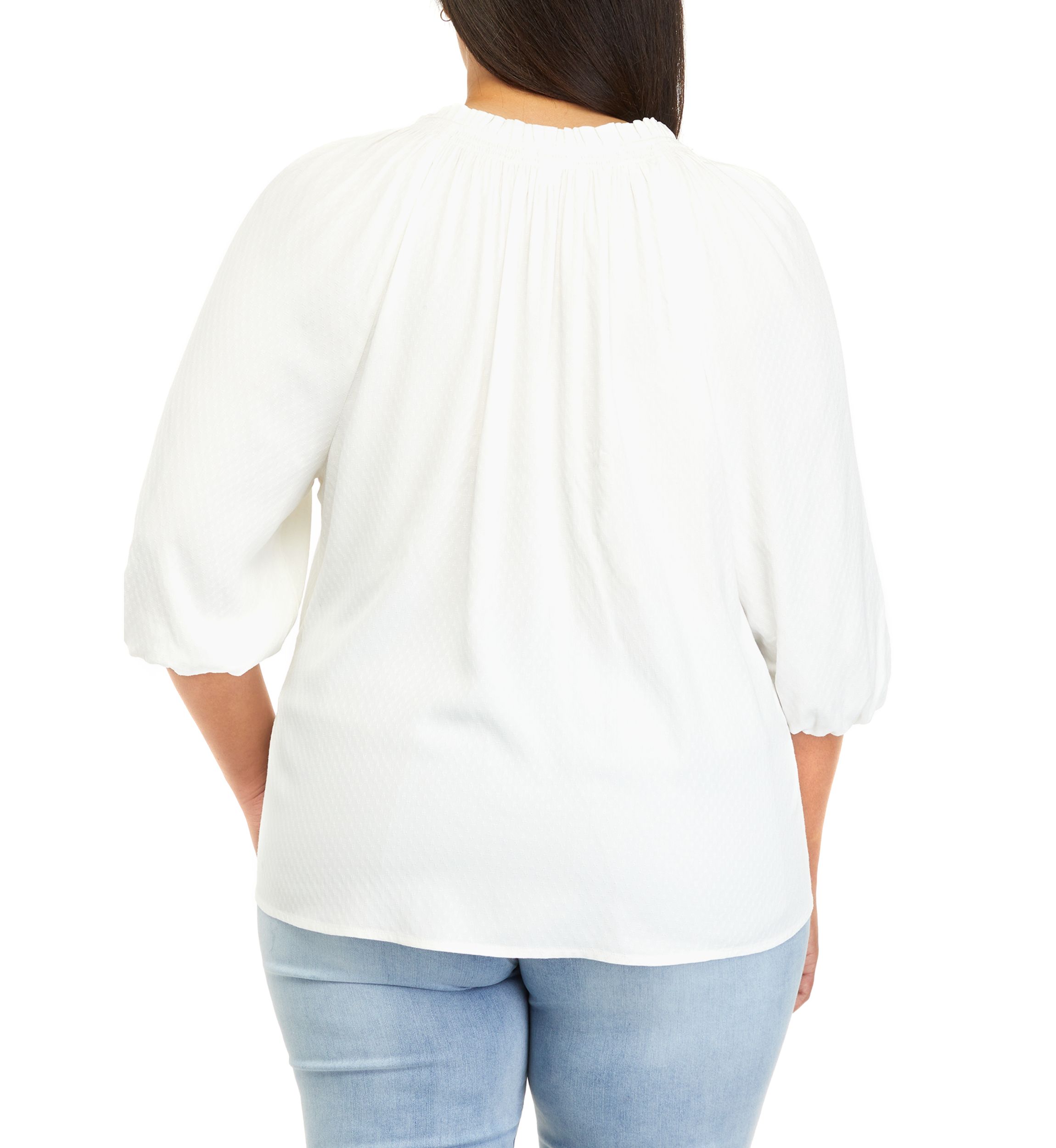 Plus Size 3/4 Sleeve Ruffe Neck Peasant Top 