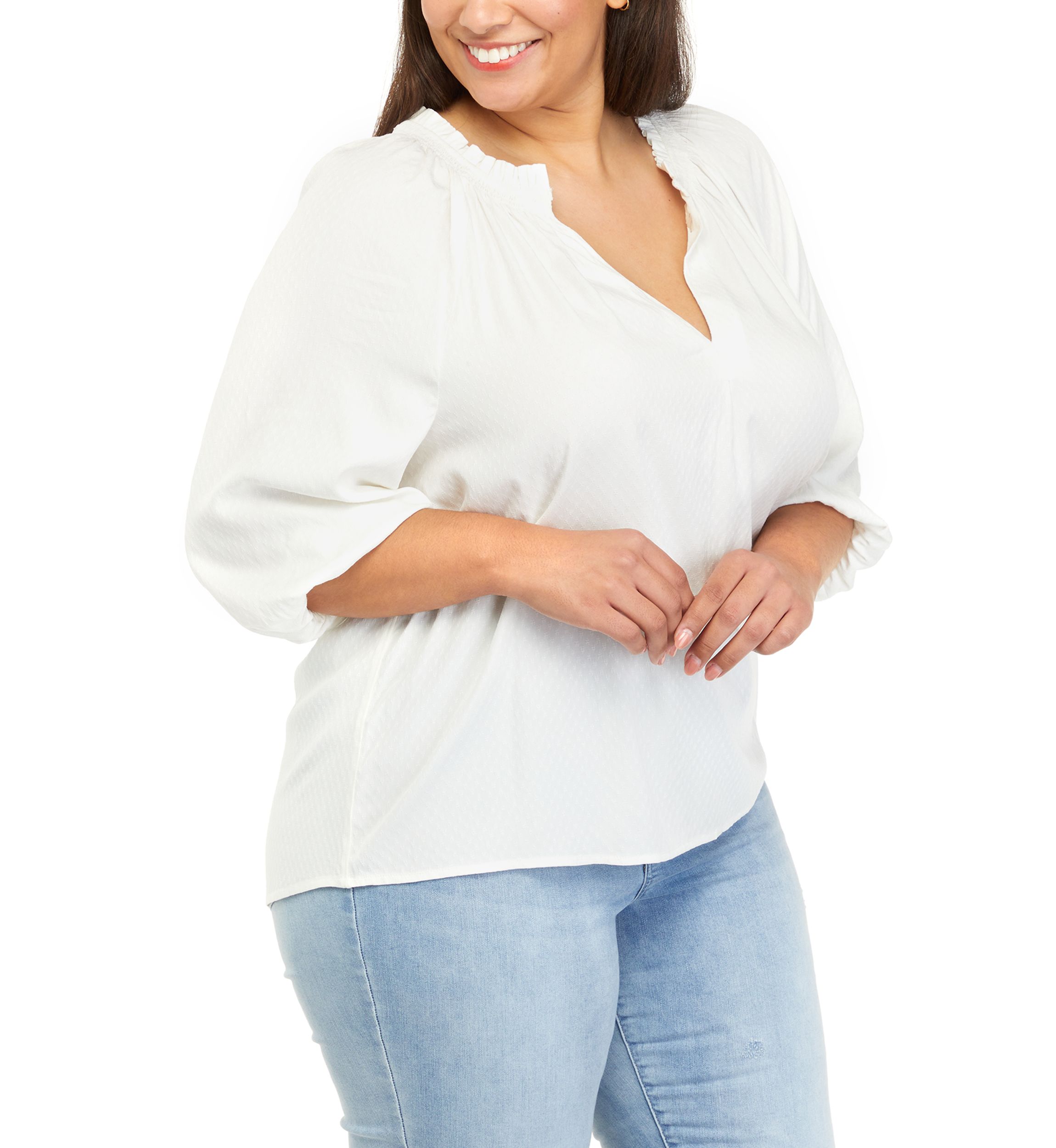 Plus Size 3/4 Sleeve Ruffe Neck Peasant Top 