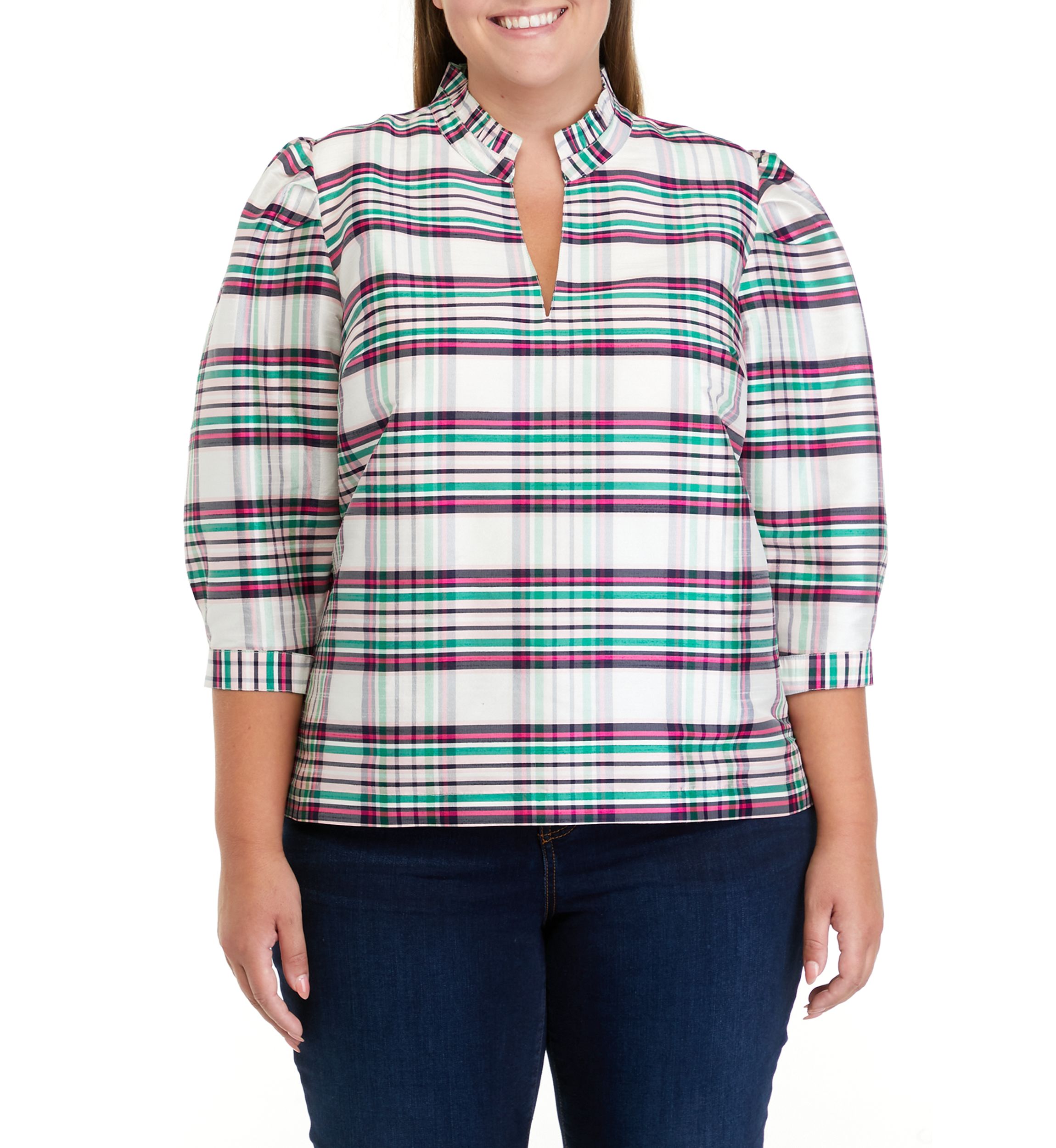 Plus Size 3/4 Sleeve Ruffle Split Neck Top