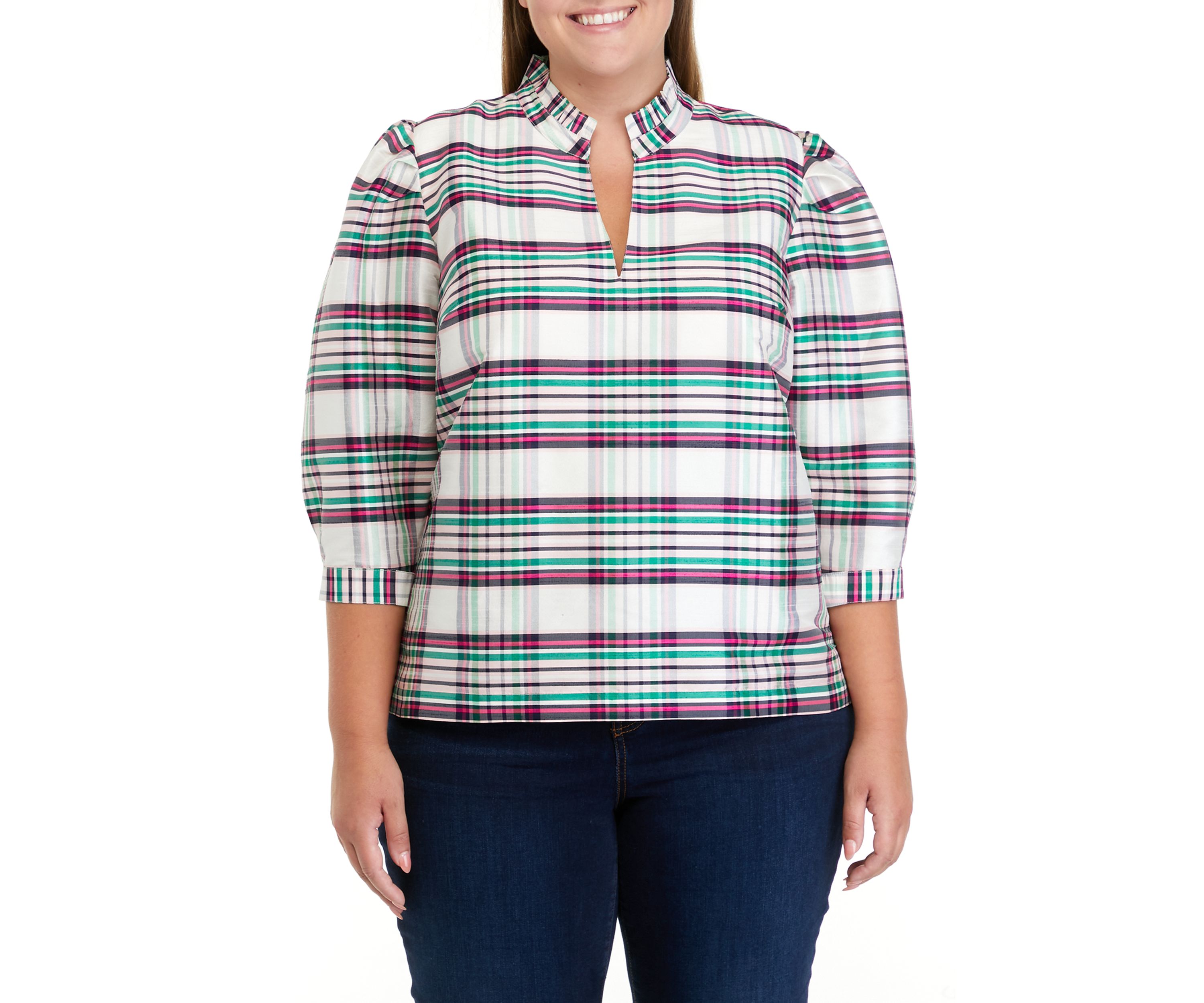 Plus Size 3/4 Sleeve Ruffle Split Neck Top