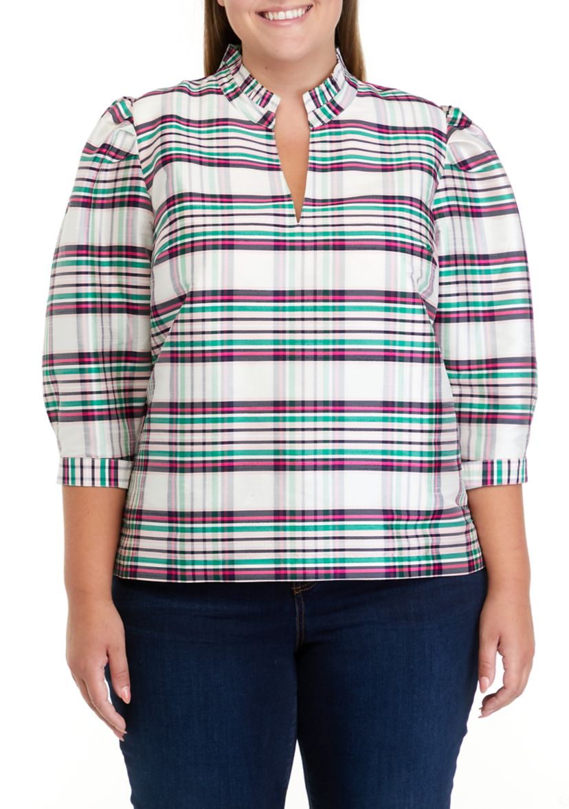 Plus Size 3/4 Sleeve Ruffle Split Neck Top