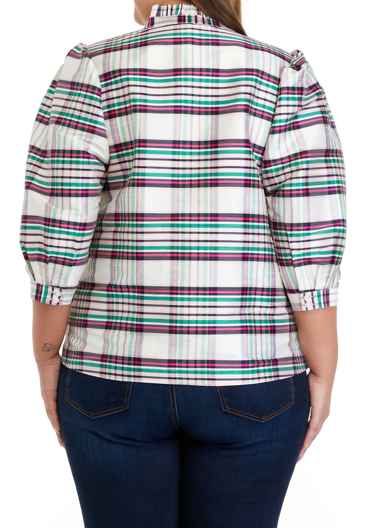 Plus Size 3/4 Sleeve Ruffle Split Neck Top