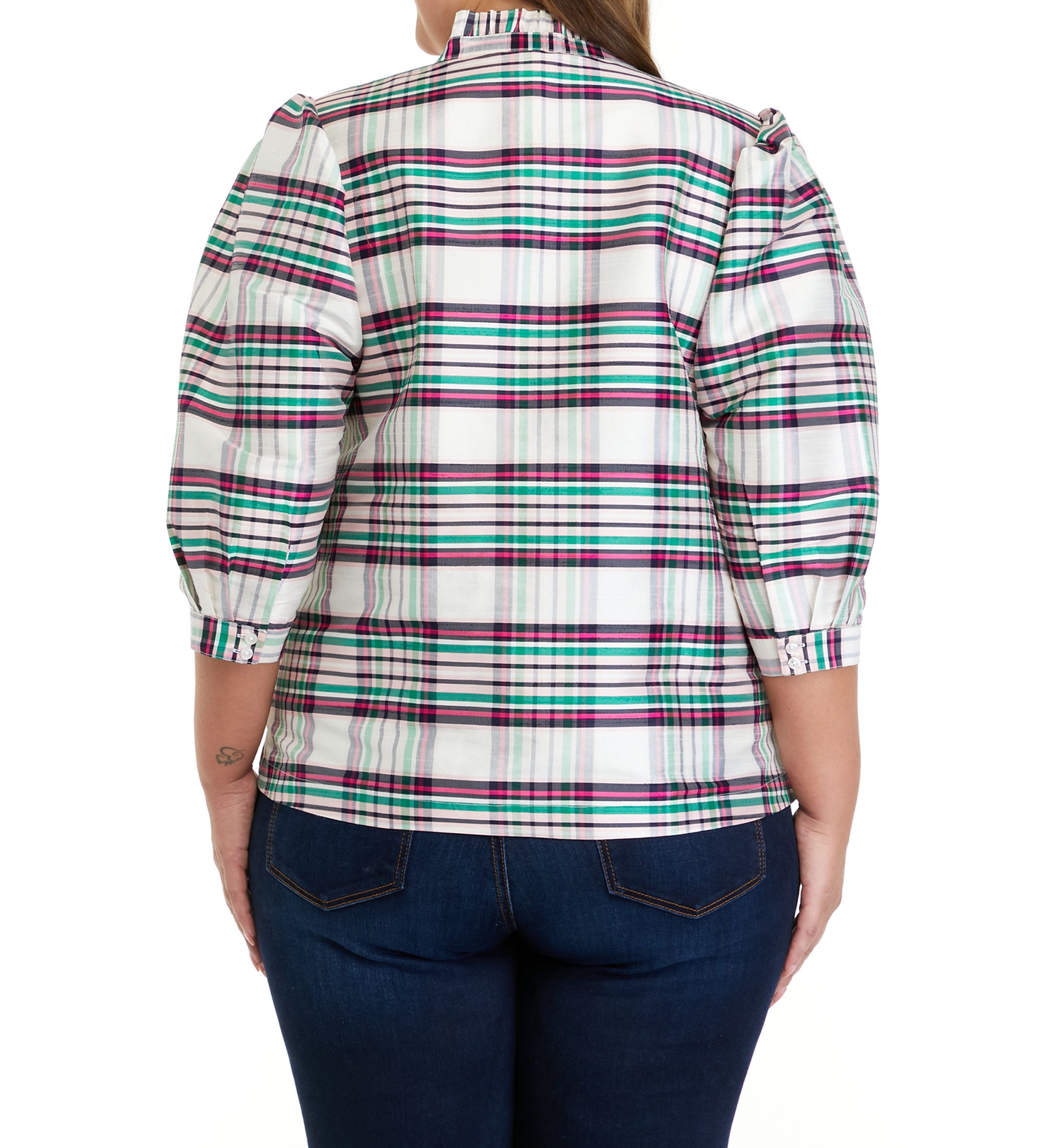 Plus Size 3/4 Sleeve Ruffle Split Neck Top