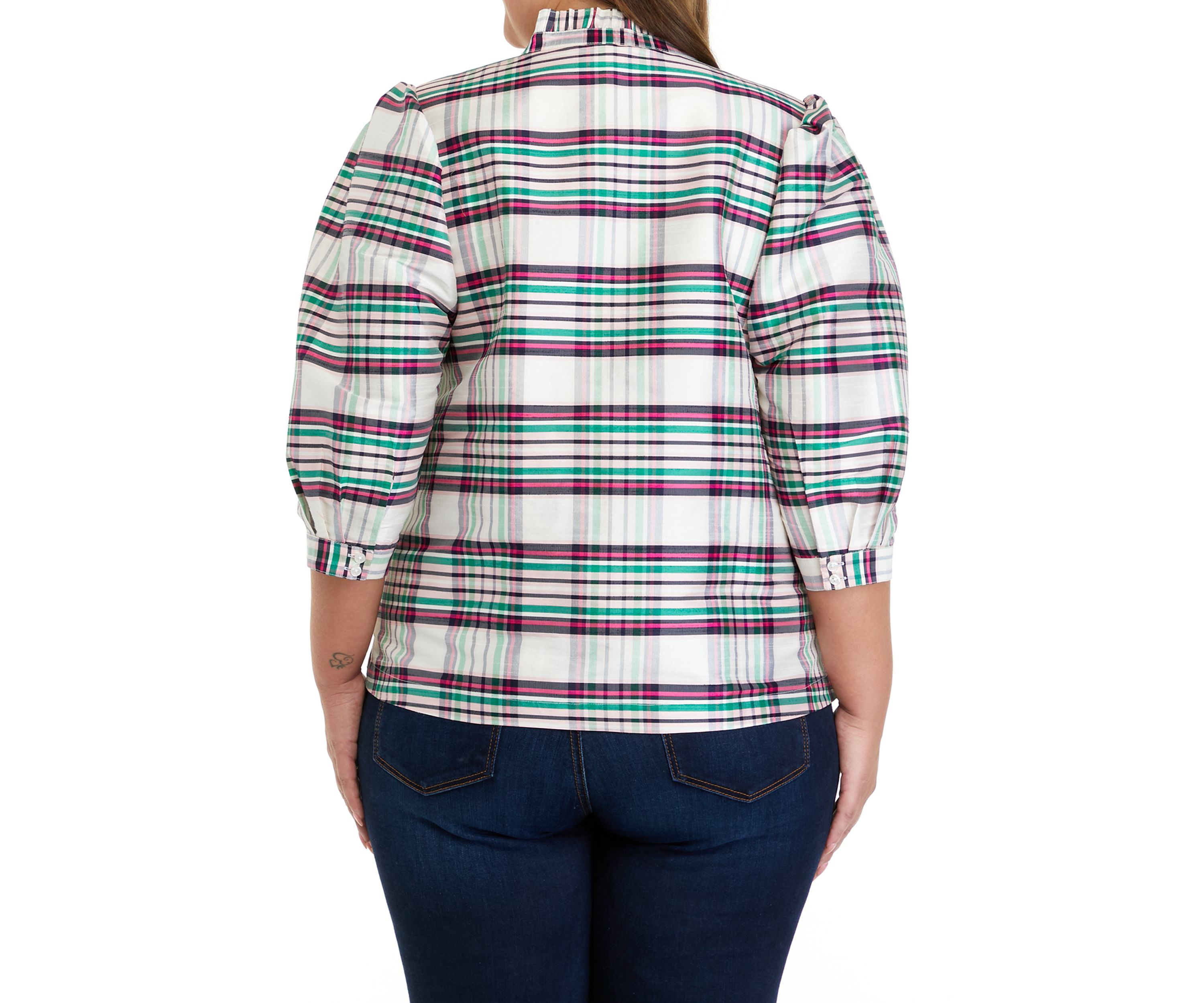 Plus Size 3/4 Sleeve Ruffle Split Neck Top