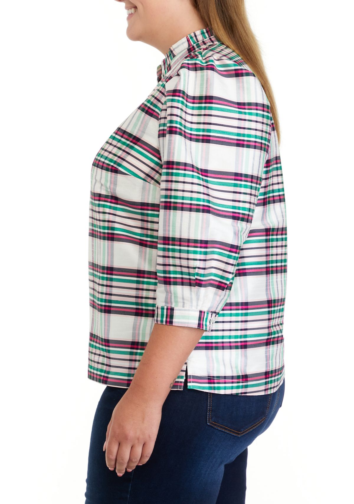 Plus Size 3/4 Sleeve Ruffle Split Neck Top