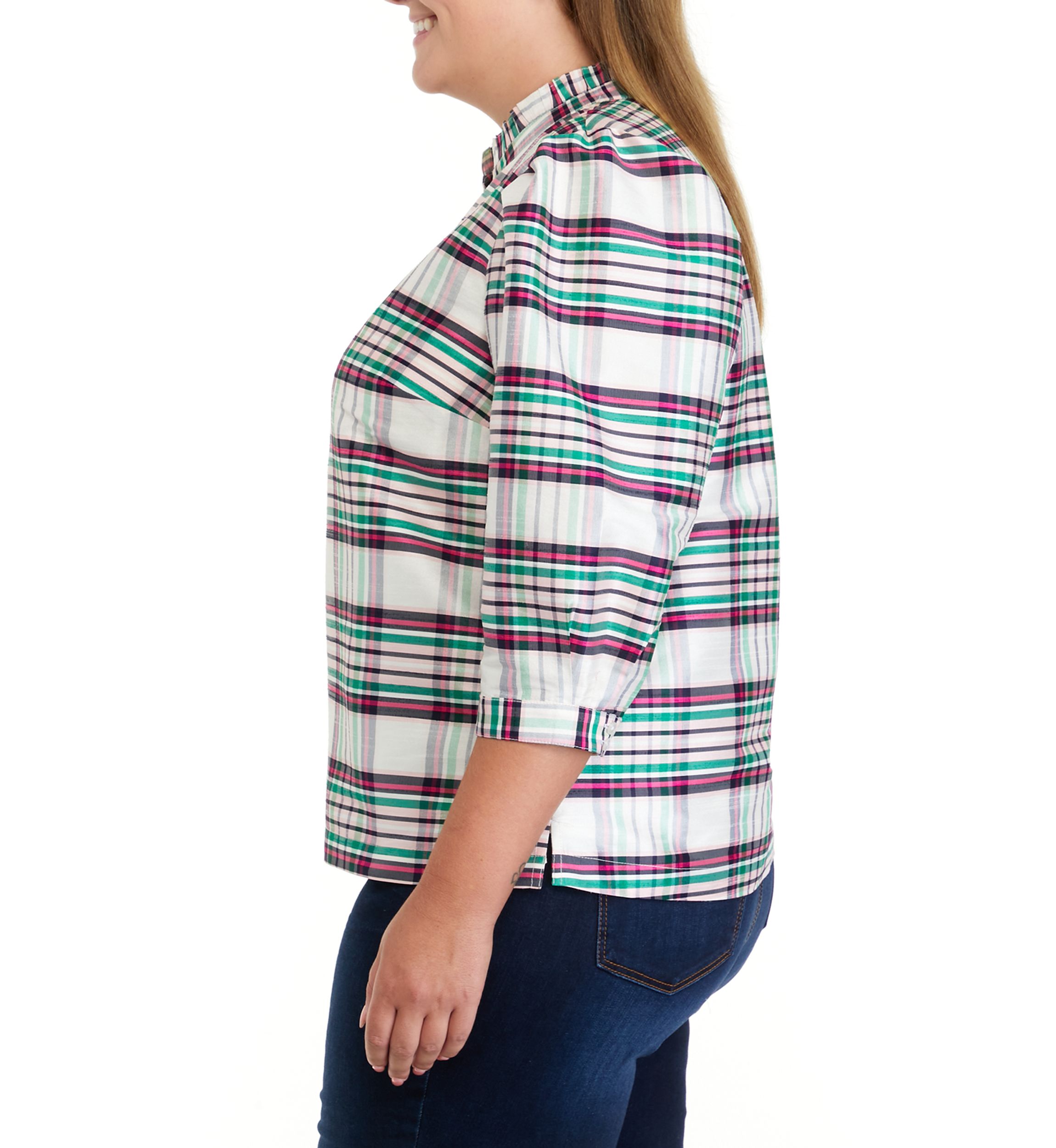 Plus Size 3/4 Sleeve Ruffle Split Neck Top