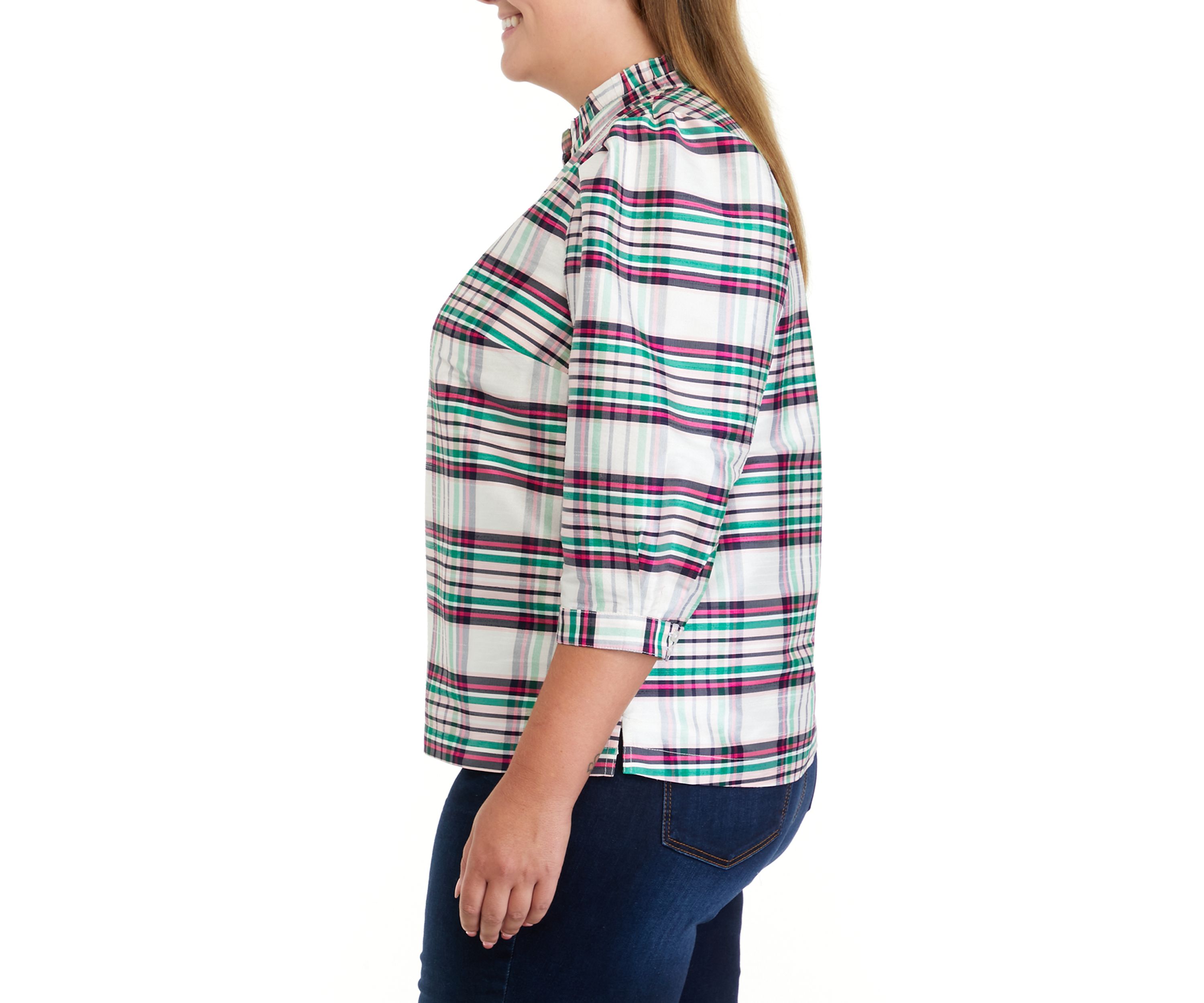 Plus Size 3/4 Sleeve Ruffle Split Neck Top