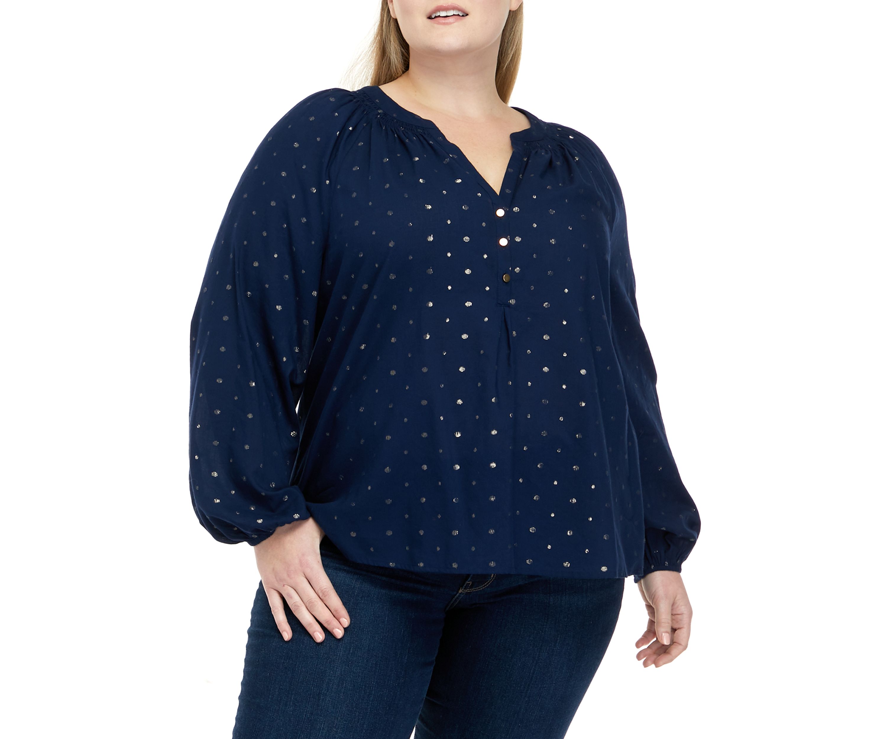 Plus Size Split Neck Peasant Top